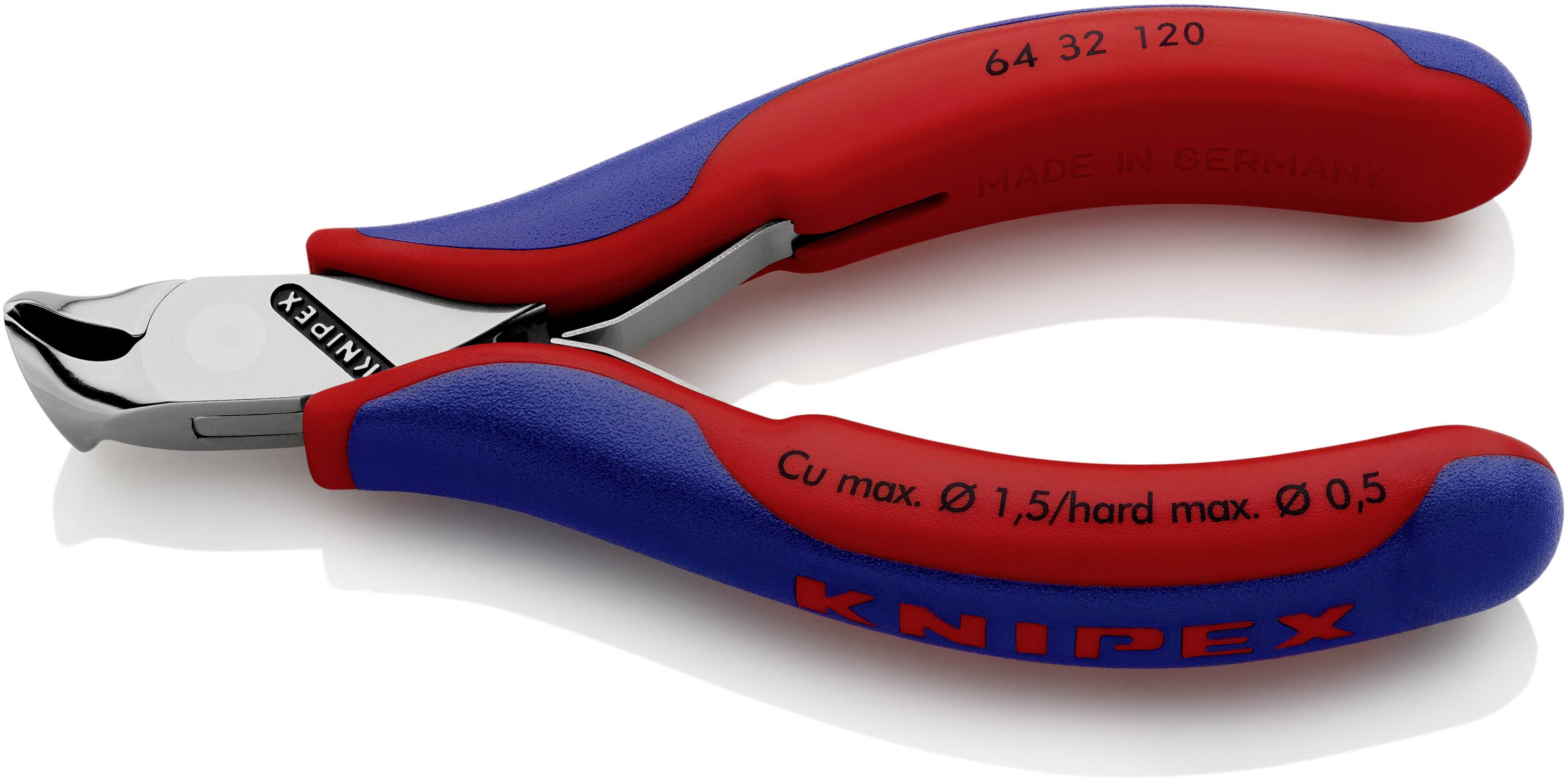 Rdeča in modra Knipex klešče, posebej namenjene rezanju žice, ležijo na beli podlagi.