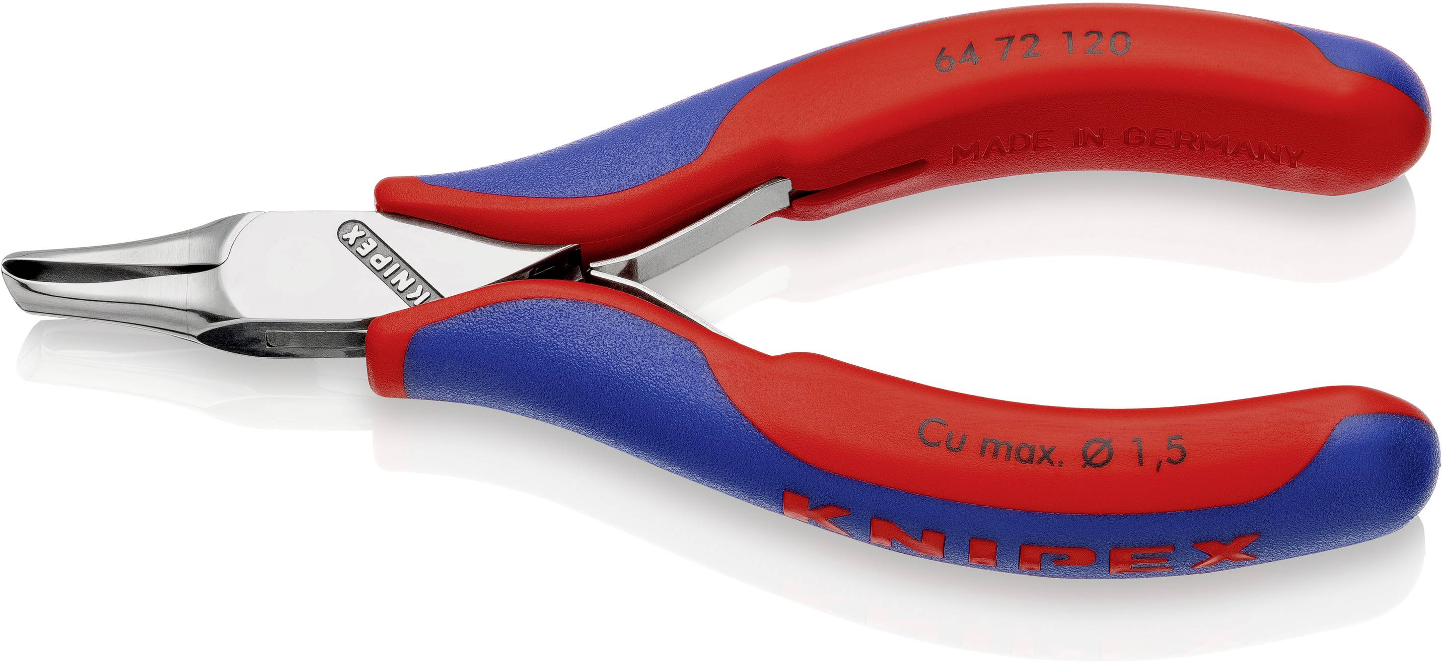 Rdeče-moder stranski rezalnik z napisom 'Knipex' na ročaju ter '64 72 120' in 'Cu max. Ø 1,5' na strani.
