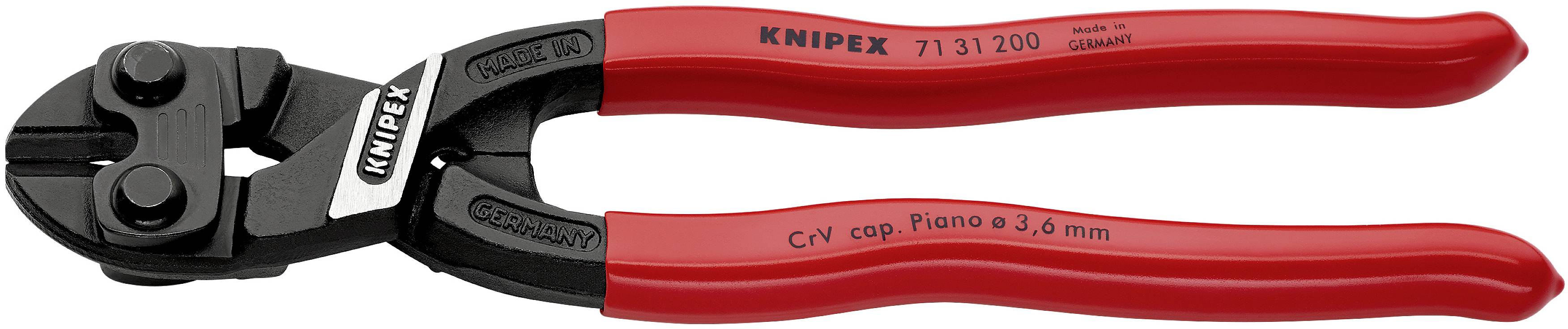 Vijačni rezalnik z rdečimi ročaji, primeren za rezanje žic do 3,6 mm debeline. Na ročajih je vidna oznaka 'Knipex'.