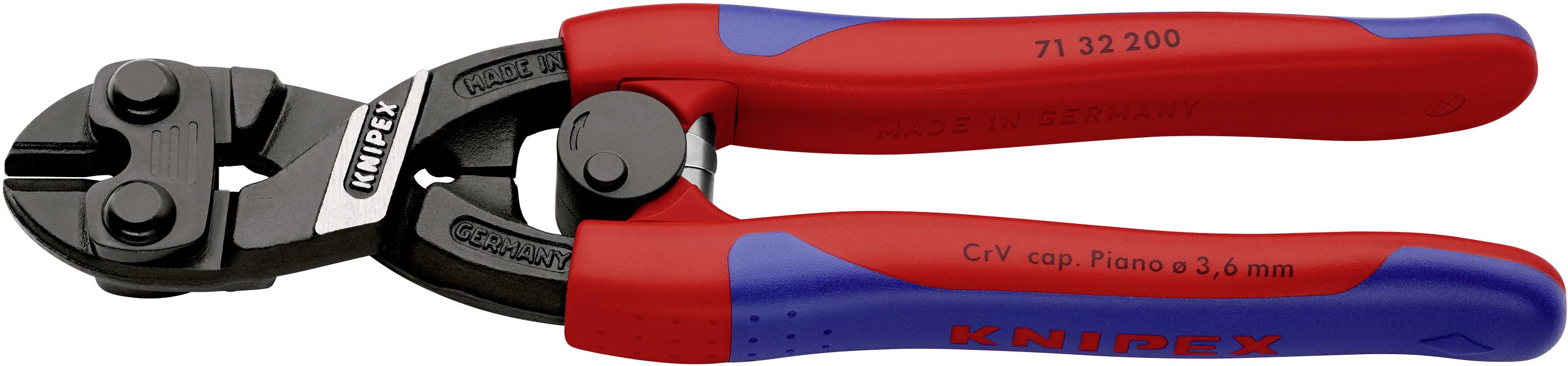 Rdeče-modra kabelska škarje z oznako 'Knipex'. Primerna za rezanje trdnih žic in manjših kovinskih palic.