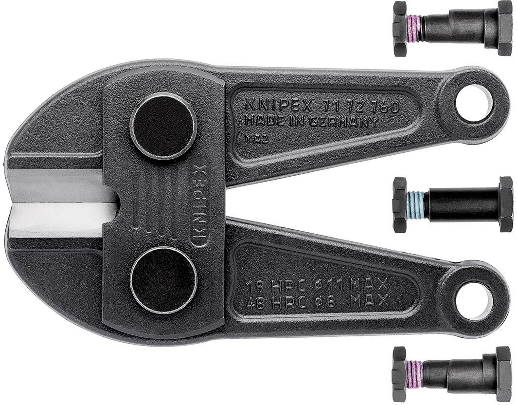 Kovinski rezalnik vijakov z dvema črnima ročajema, označen z 'Knipex 71 72 760 Made in Germany'. Poleg tega sta dva zamenljiva vijaka.