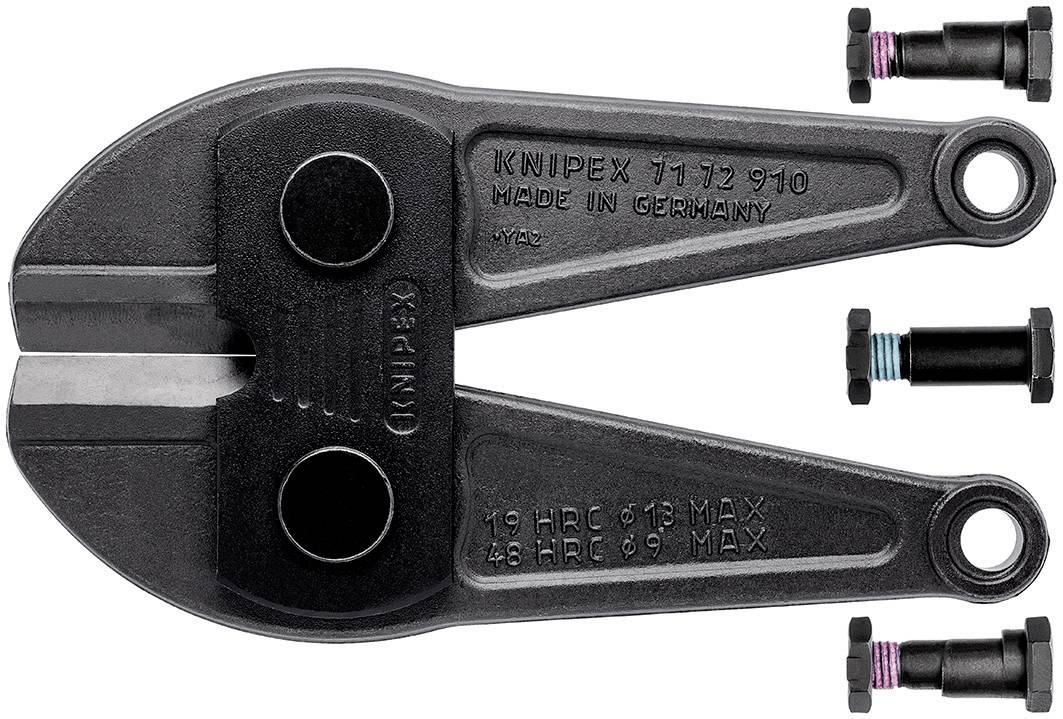 Glava škarij za rezanje vijakov z dvema črnima in enim modrim vijakom. Napis 'Knipex' in tehnične specifikacije.