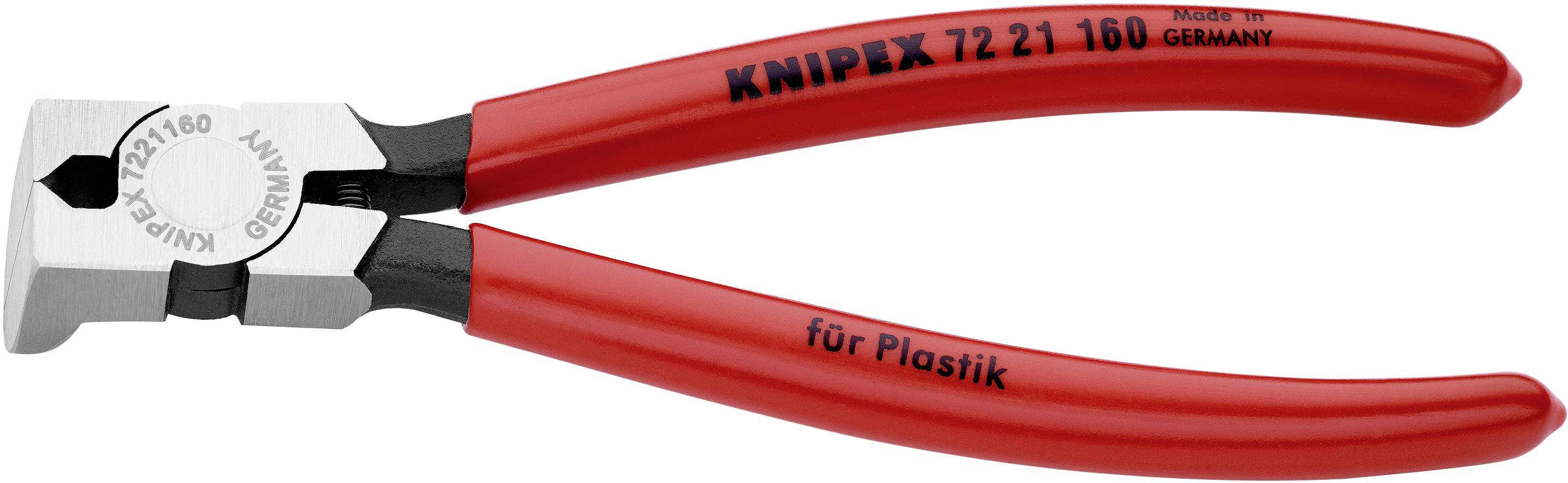 Rdeča plastična rezalna klešča znamke 'Knipex', primerna za rezanje plastičnih materialov.
