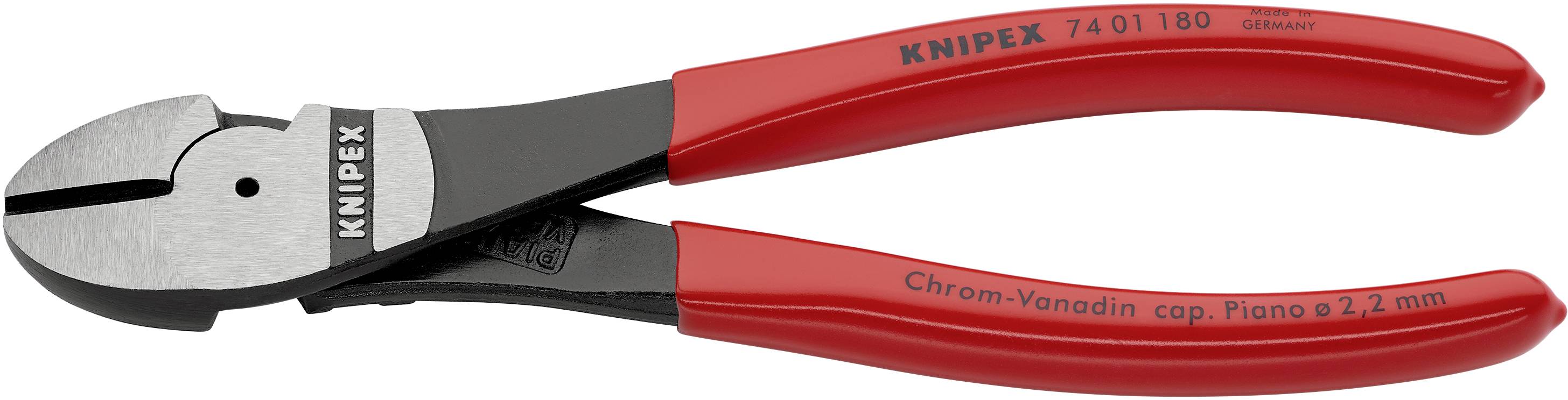 Klešče z rdečimi ročaji, označene z 'KNIPEX', primerne za rezanje klavirskih žic do debeline 2,2 mm.