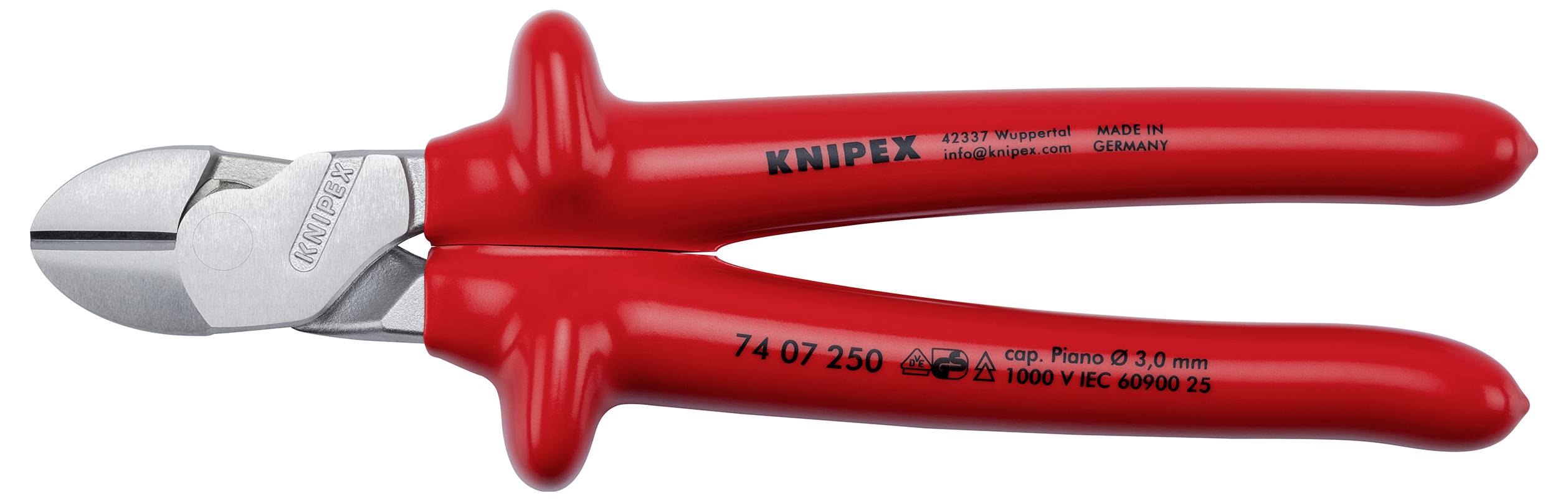Rdeče-srebrne rezalke Knipex za diagonalno rezanje s plastifikovanimi ročaji, prikazane od strani na belem ozadju.