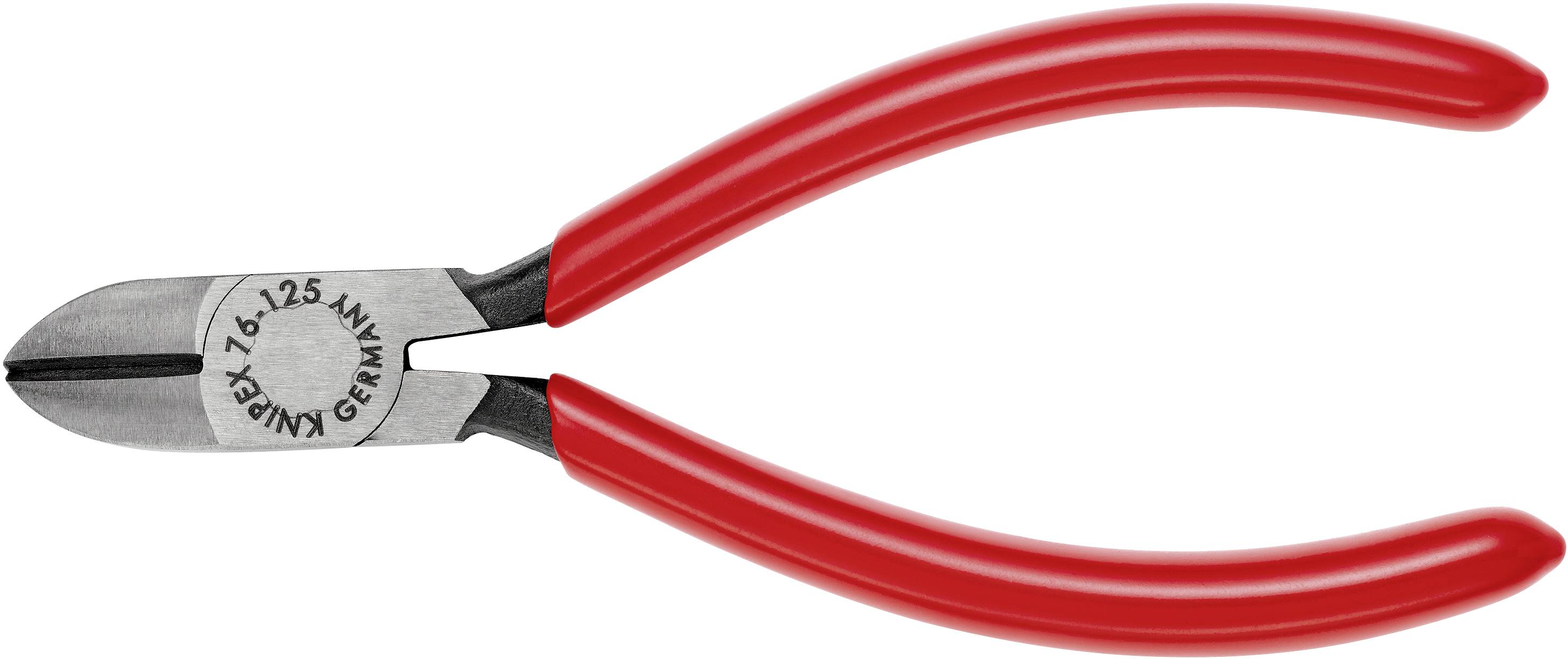 Rdeče stranske ščipalne klešče z kovinsko glavo in vgraviranim logotipom 'KNIPEX' na rezilu. Uporabljajo se za natančno rezanje žic.