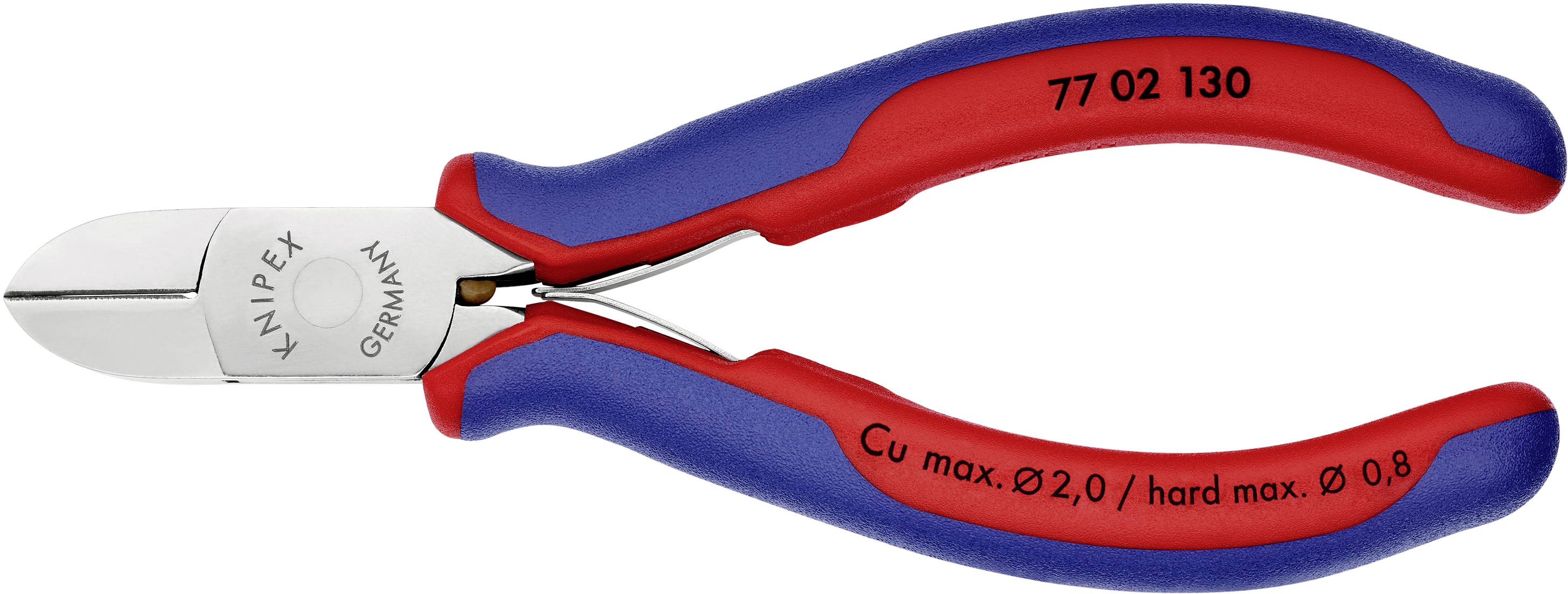 Stranski rezalnik znamke Knipex, model 77 02 130, z modrimi in rdečimi ročaji, primeren za baker in trde žice.