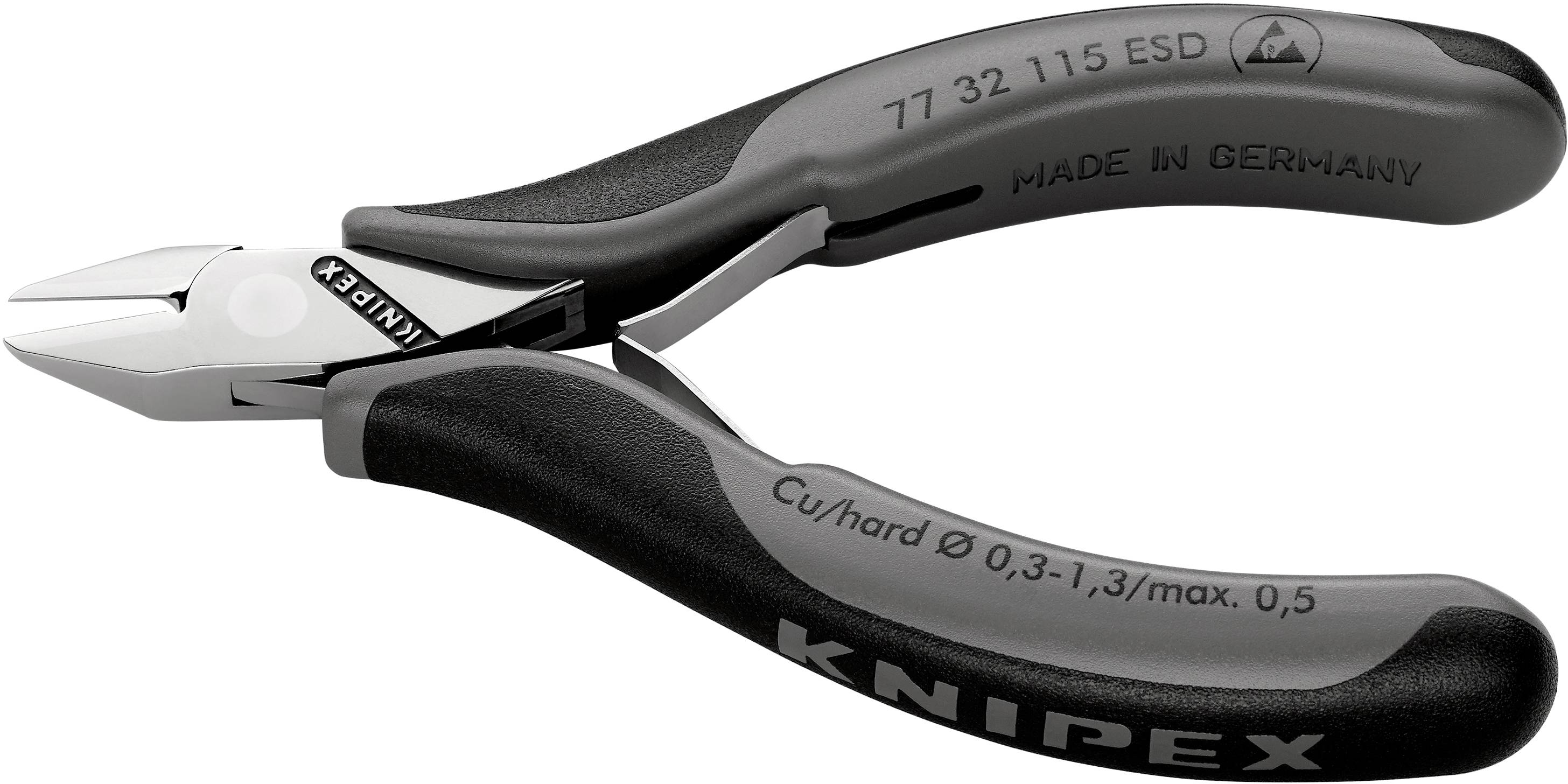 Stranski sekač Knipex, izdelan iz vzdržljivega materiala, z ergonomskim ročajem. Napis 'Made in Germany'. Primeren za fine rezalne posege.