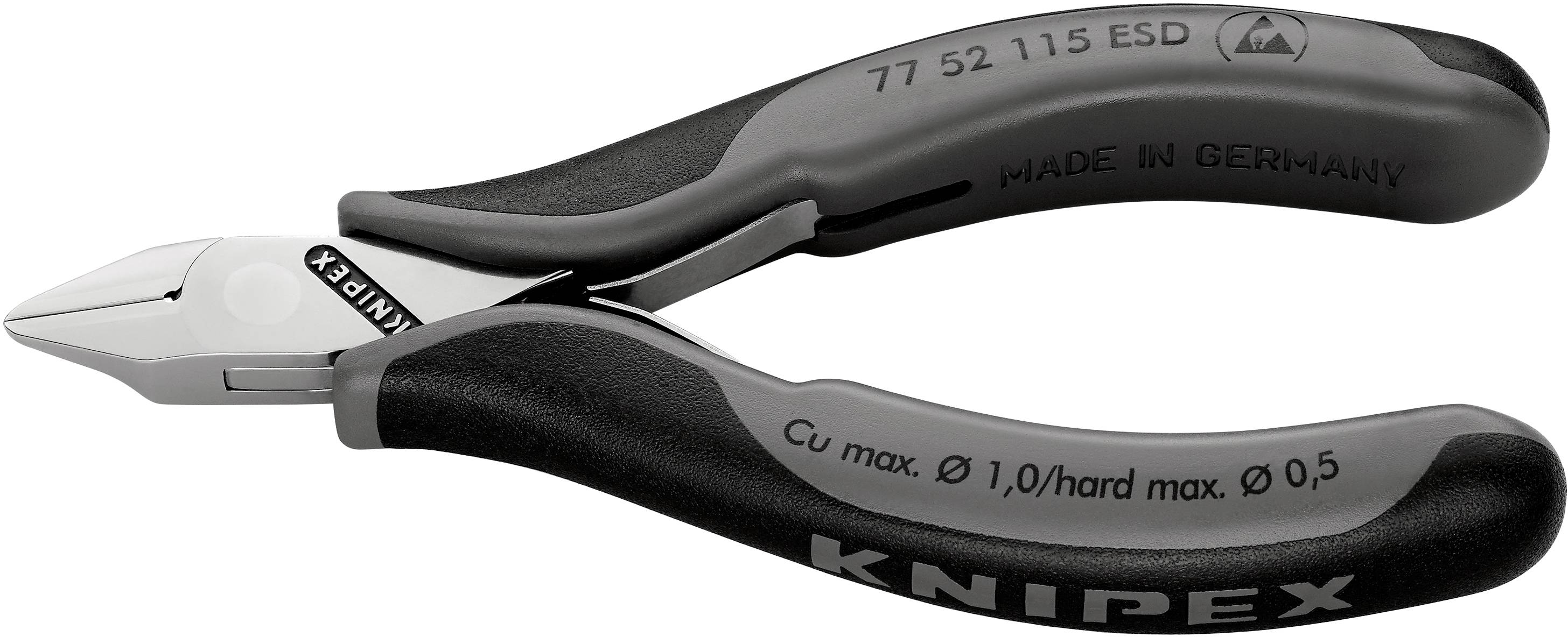 Stranski sekač Knipex, model 77 52 115 ESD, primeren za bakrene žice do premera 1 mm, izdelano v Nemčiji.