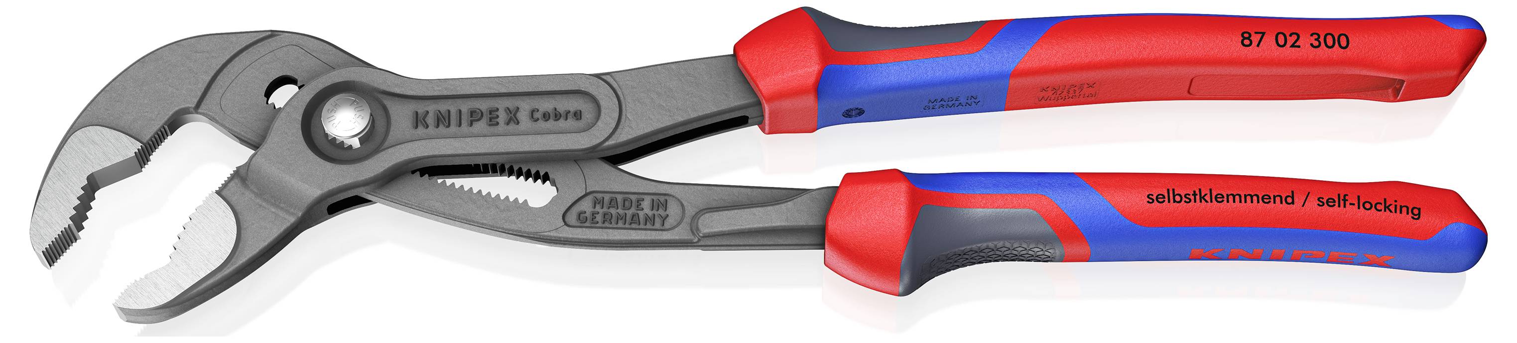 Par klešč Knipex Cobra z rdečimi in modrimi ergonomskimi ročaji. Orodje je označeno z napisom »Izdelano v Nemčiji« in ima samozaklепalno mehanizem.