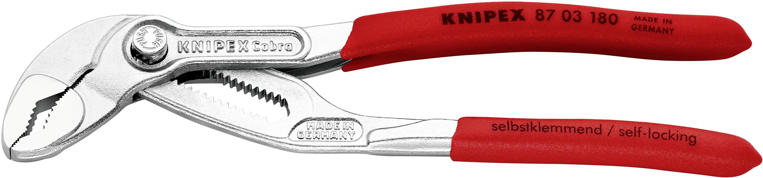 Rdeče vodne klešče Knipex, model 87 03 180, z napisom 'samozatezne/self-locking' na ročaju.