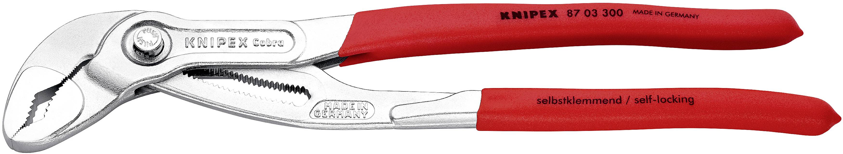 Rdeče samostisnjena vodovodna klešča znamke Knipex. Oznake prikazujejo velikost in izvor.
