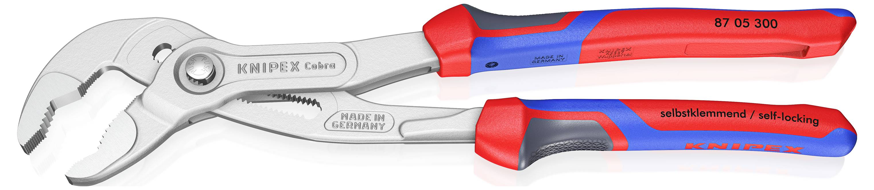 Klešče z rdečim in modrim ročajem, znamke Knipex. Primerne za prijemanje in držanje predmetov. Napis 'samosponzni'.