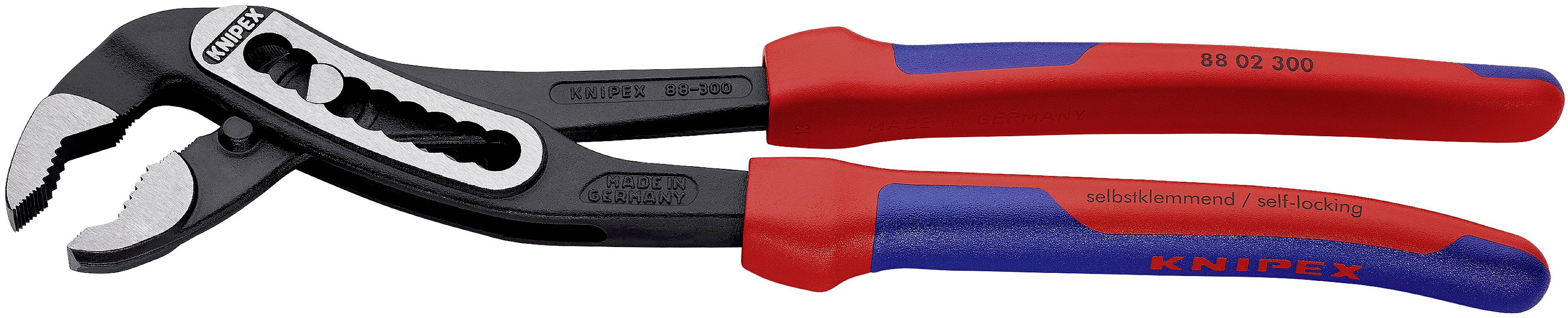 Klešče z rdečimi ročaji in nastavljivo glavo za različne namene; znamka 'KNIPEX' vidno napisana na ročaju.