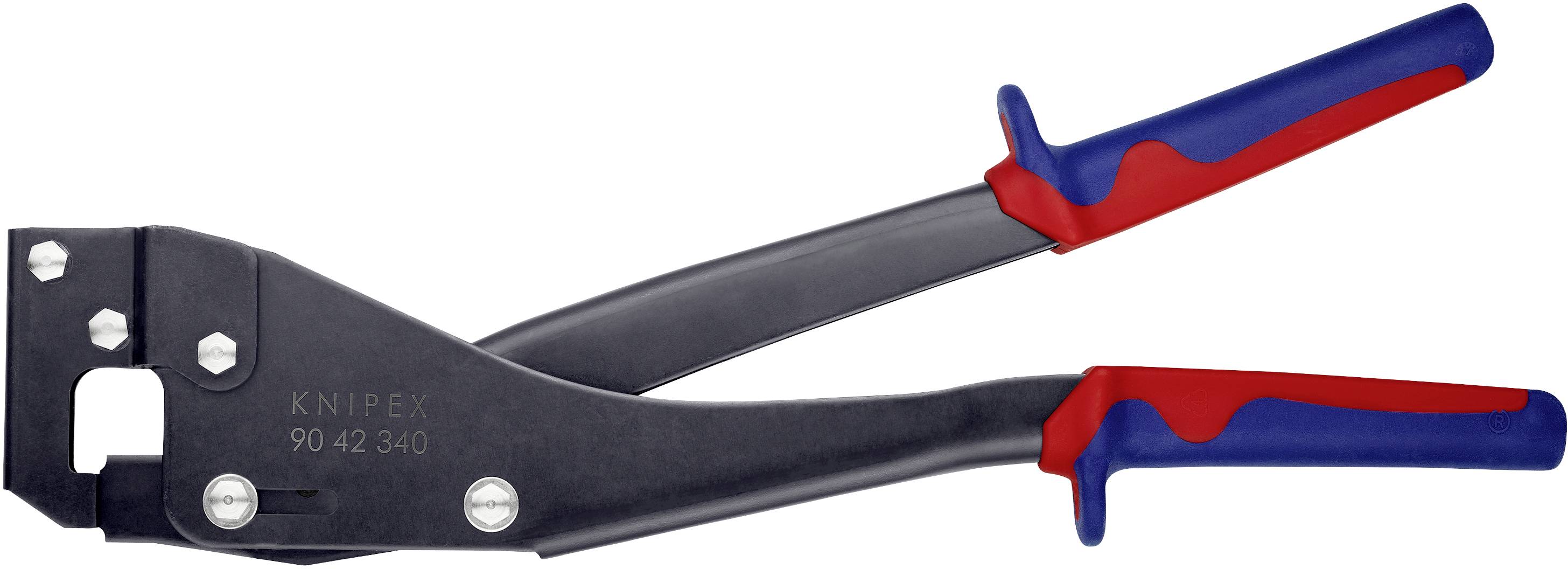 Črne Knipex klešče za nohte z rdečimi in modrimi ročaji, na beli podlagi. Orodje za profesionalno uporabo.