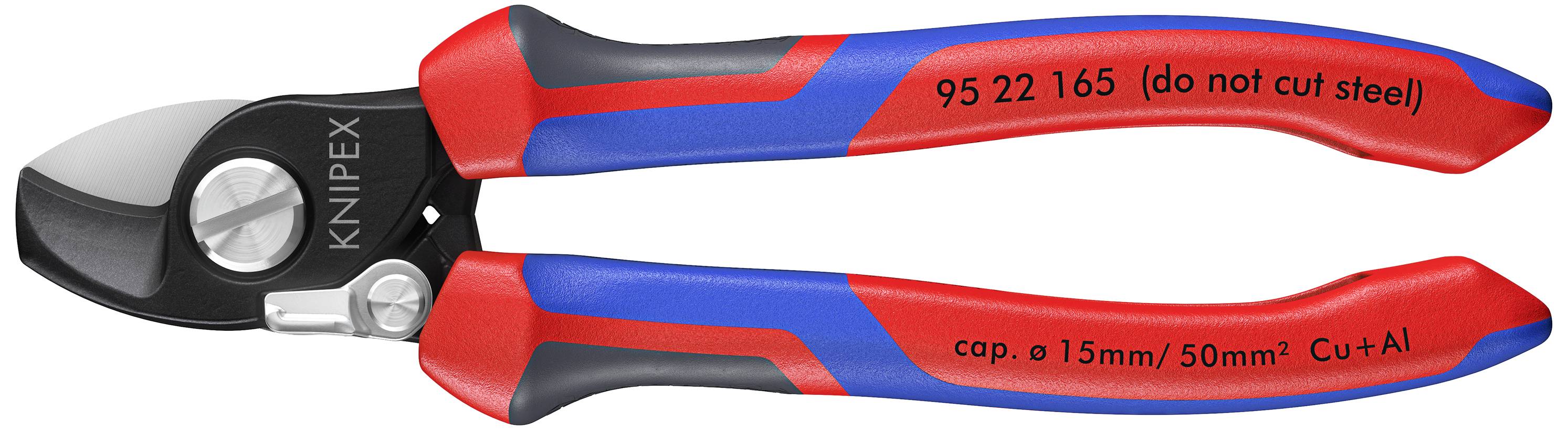 Kabelski rezalnik KNIPEX z modrimi in rdečimi ročaji. Besedilo na orodju: '95 22 165 (ne rezati jekla)' in 'kap. ø 15mm/50mm² Cu+Al'.