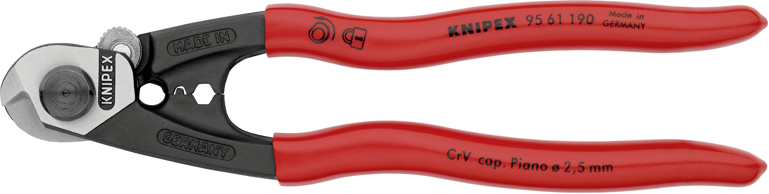 Klešče za žico Knipex z rdečimi ročaji in črno rezalno glavo. Napis 'C-V cap. Piano Ø 2,5 mm'. Izdelano v Nemčiji.