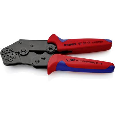 Rdeča in črna krimping klešča znamke KNIPEX, modelna številka 97 52 14. Primerna za kable s premerom 0,1–1,5 mm²/AWG 27–16.