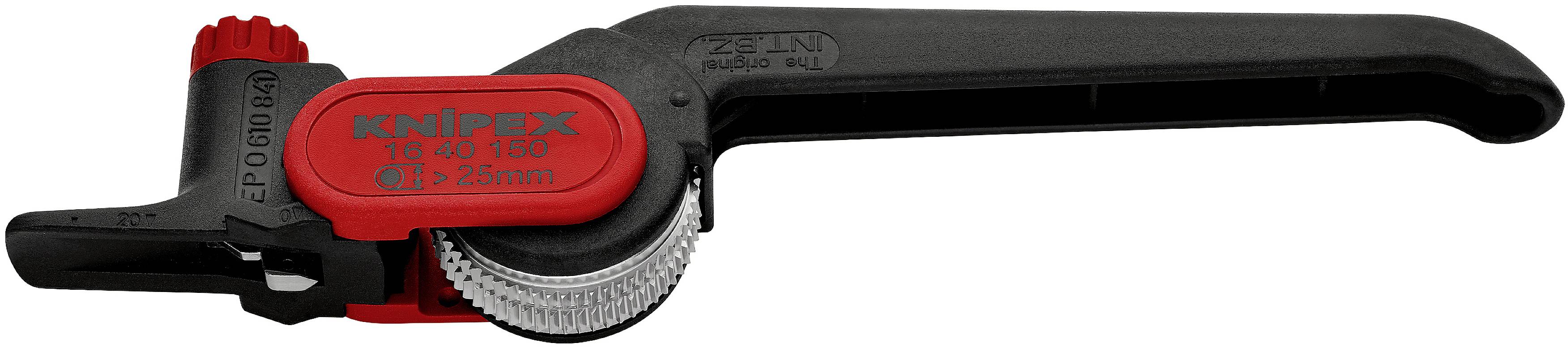 Rezalnik cevi znamke Knipex, primeren za cevi premera 17-32 mm. Črn ročaj z rdečim rezilnim kolesom in nastavitvenim gumbom.