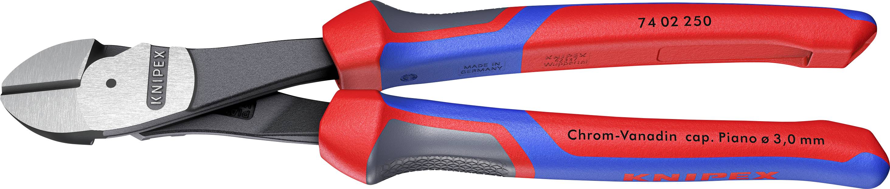 Rdeče in modro ročajne klešče za rezanje žic z oznako 'Chrom-Vanadin cap. Piano ⌀3.0 mm', namenjene rezanju močnih žic.