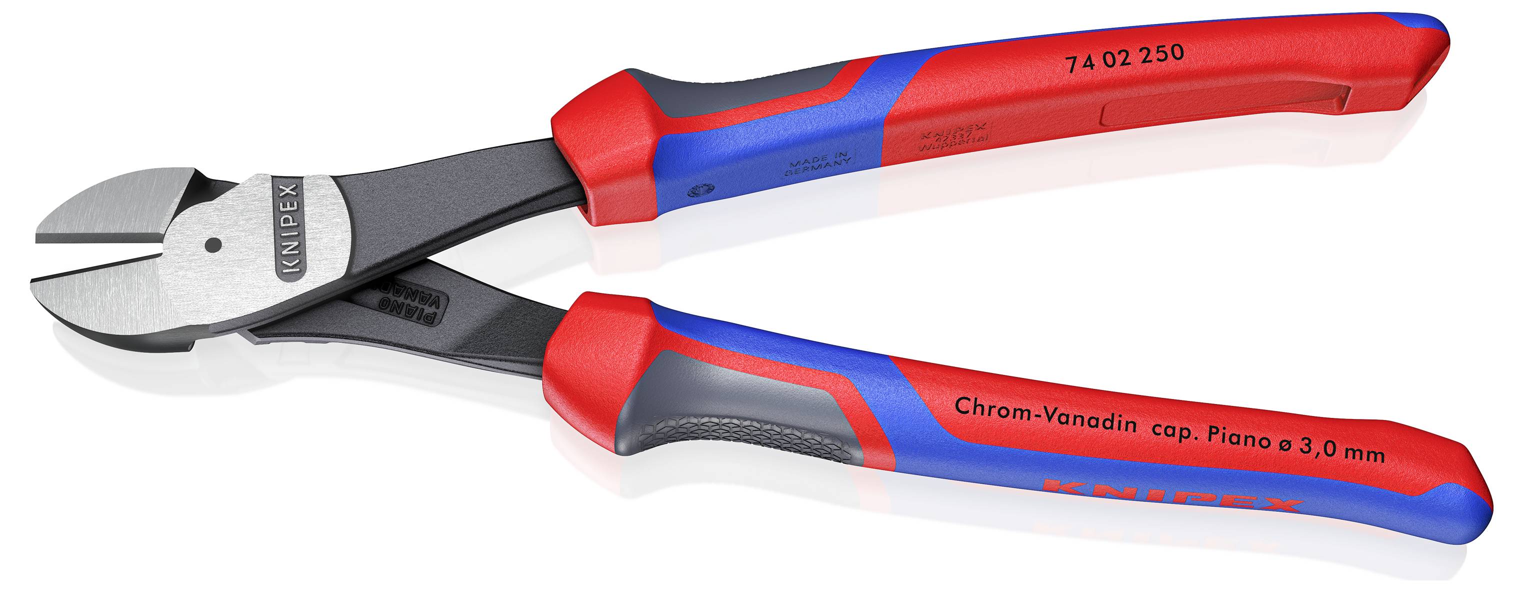 Rdeče in modre diagonal-stranske klešče Knipex z kovinskim rezilnim robom, namenjene rezanju trde klavirske žice do 3,0 mm.