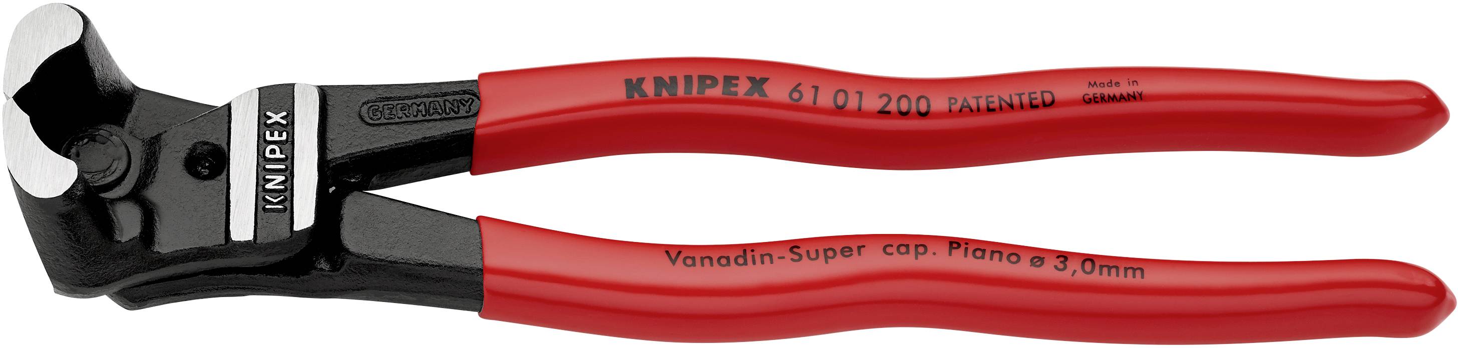 Rdeči, ločeni Knipex kabelski rezalnik z črno glavo, primeren za rezanje kablov in žic do premera 3,0 mm.