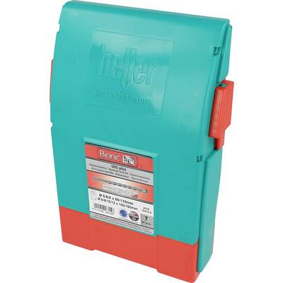 Turquoise in rdeča Heller Bionic Pro SDS-plus vrtalnik z nastavkom v torbici, prikazana zaprta, z oznako izdelka na sprednji strani.