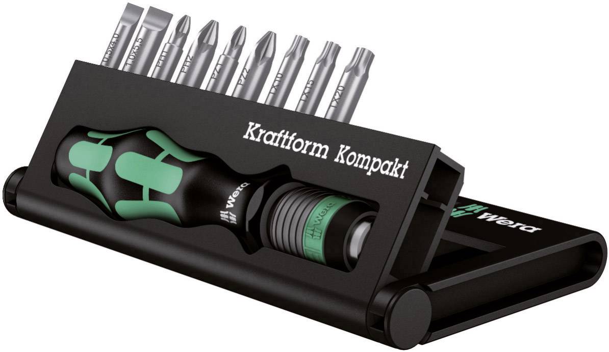 Komplet vijačnih nastavkov z ergonomskim ročajem v črni in zeleni barvi, označen z 'Kraftform Kompakt' znamke Wera.