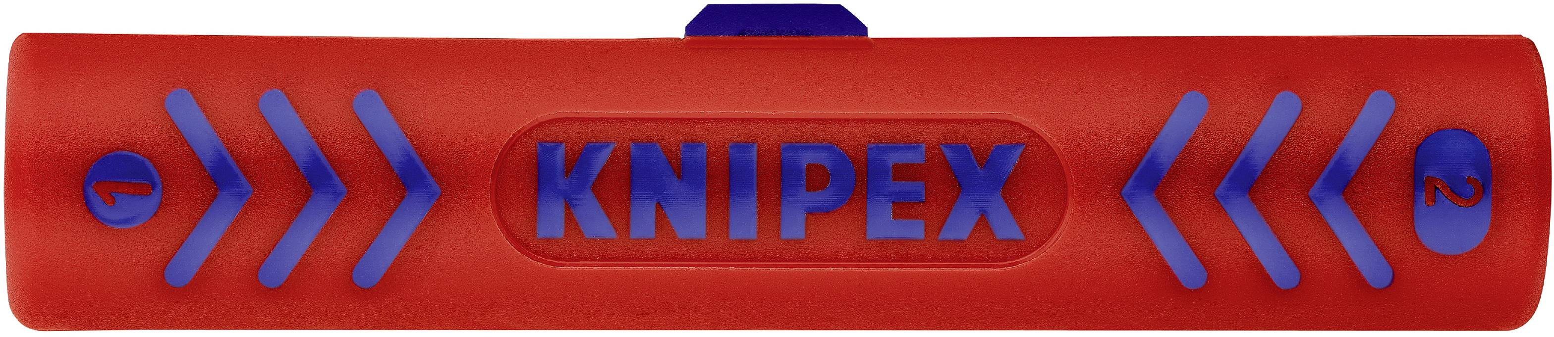 Rdeči Knipex rezalnik cevi z modrimi črkami in puščičnimi dizajni na straneh, ki prominentno prikazuje blagovno znamko na sredini.