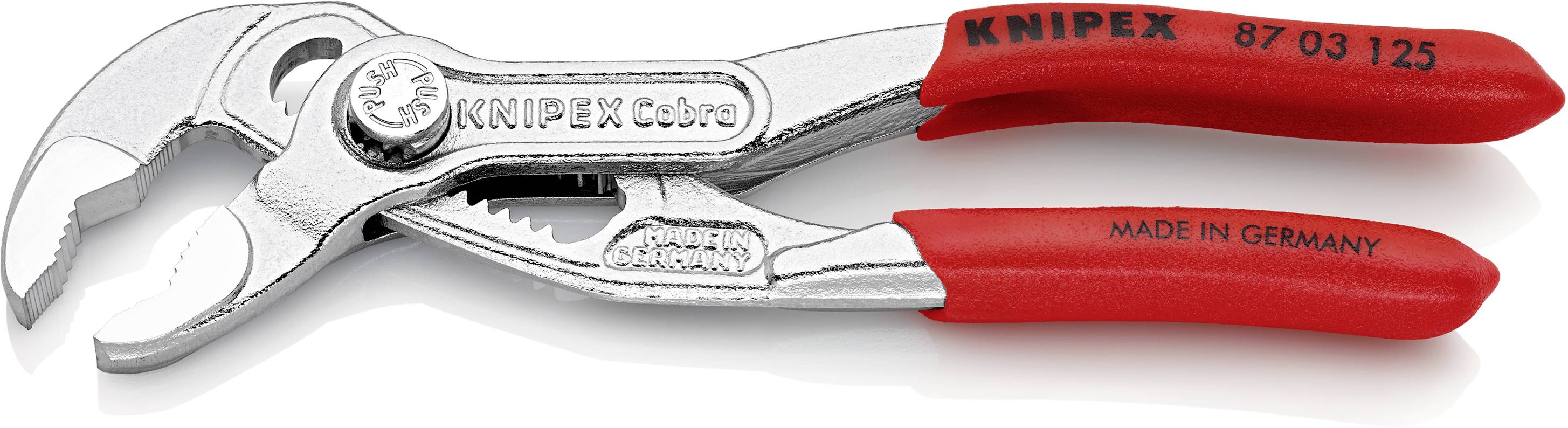 Knipex Cobra klešče za cevi z rdečim ročajem, nastavljive, izdelane iz kromiranega jekla, z napisom 'Made in Germany'.