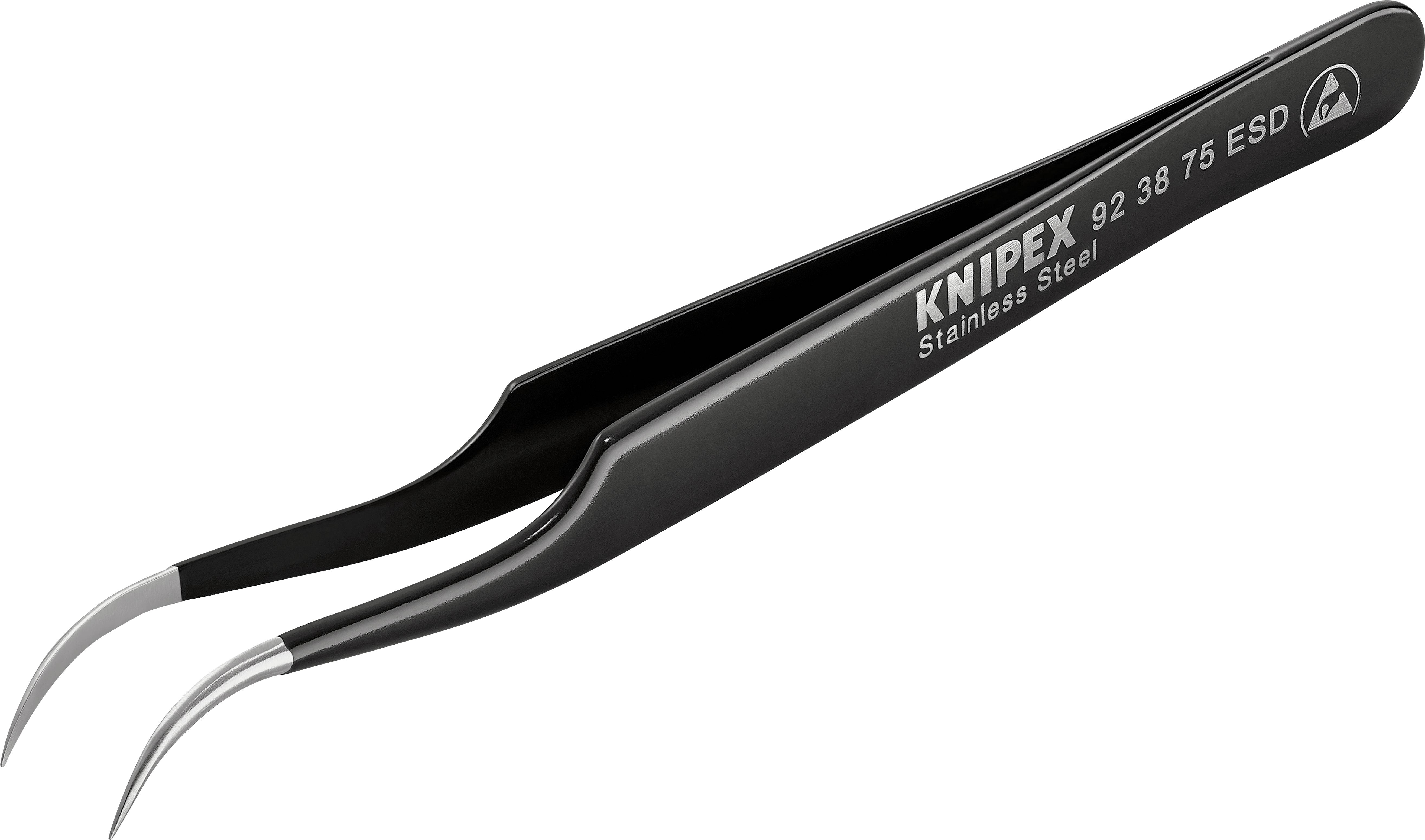 Črna, ukrivljena pinceta znamke KNIPEX iz nerjavečega jekla. Zasnovana je za uporabo v ESD-aplikacijah.