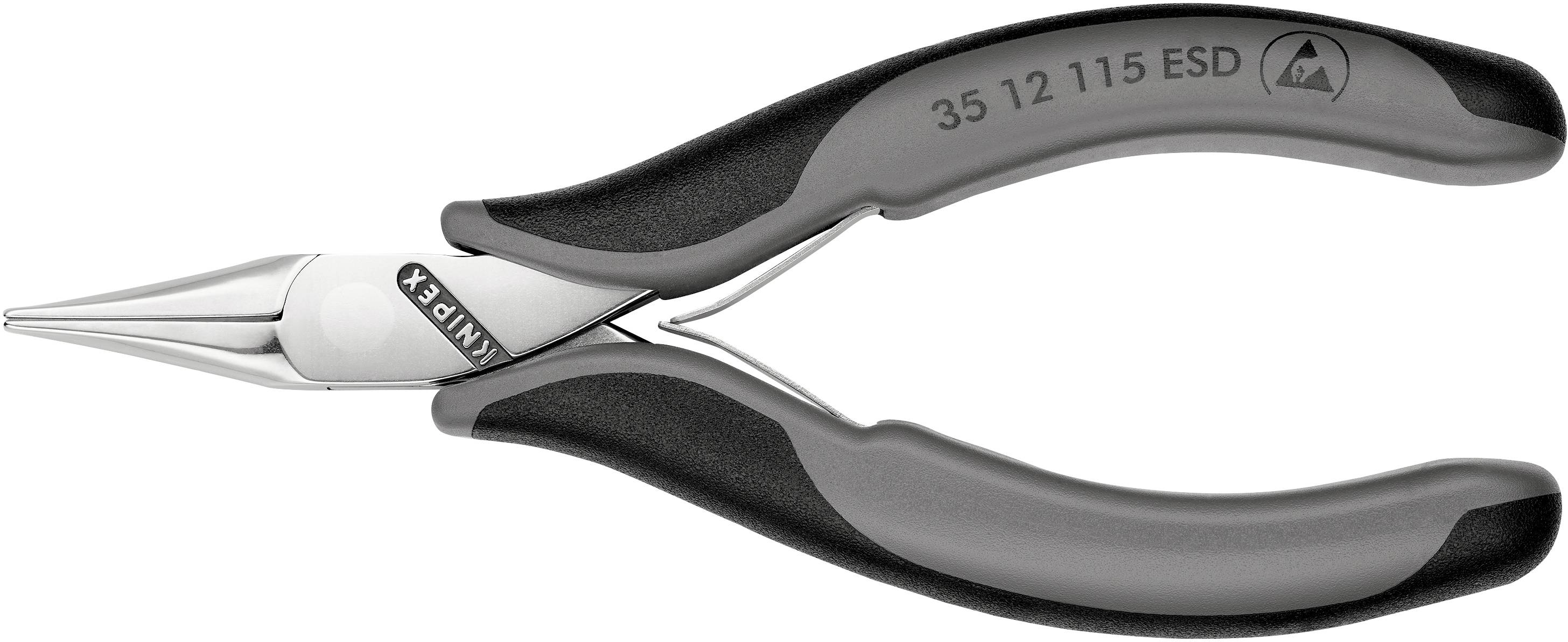 Klešče z črnimi ročaji in koničastimi čeljustmi, modelna številka '35 12 115 ESD'. Primerne za natančna dela na občutljivih delih.