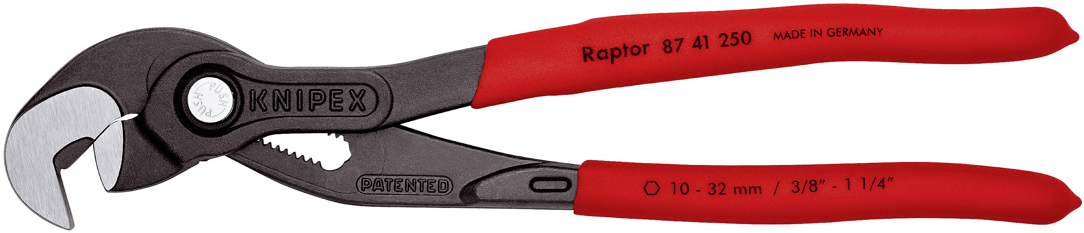 Rdeče hidravlične klešče znamke Knipex z napisom 'Raptor' in podatki o velikosti.