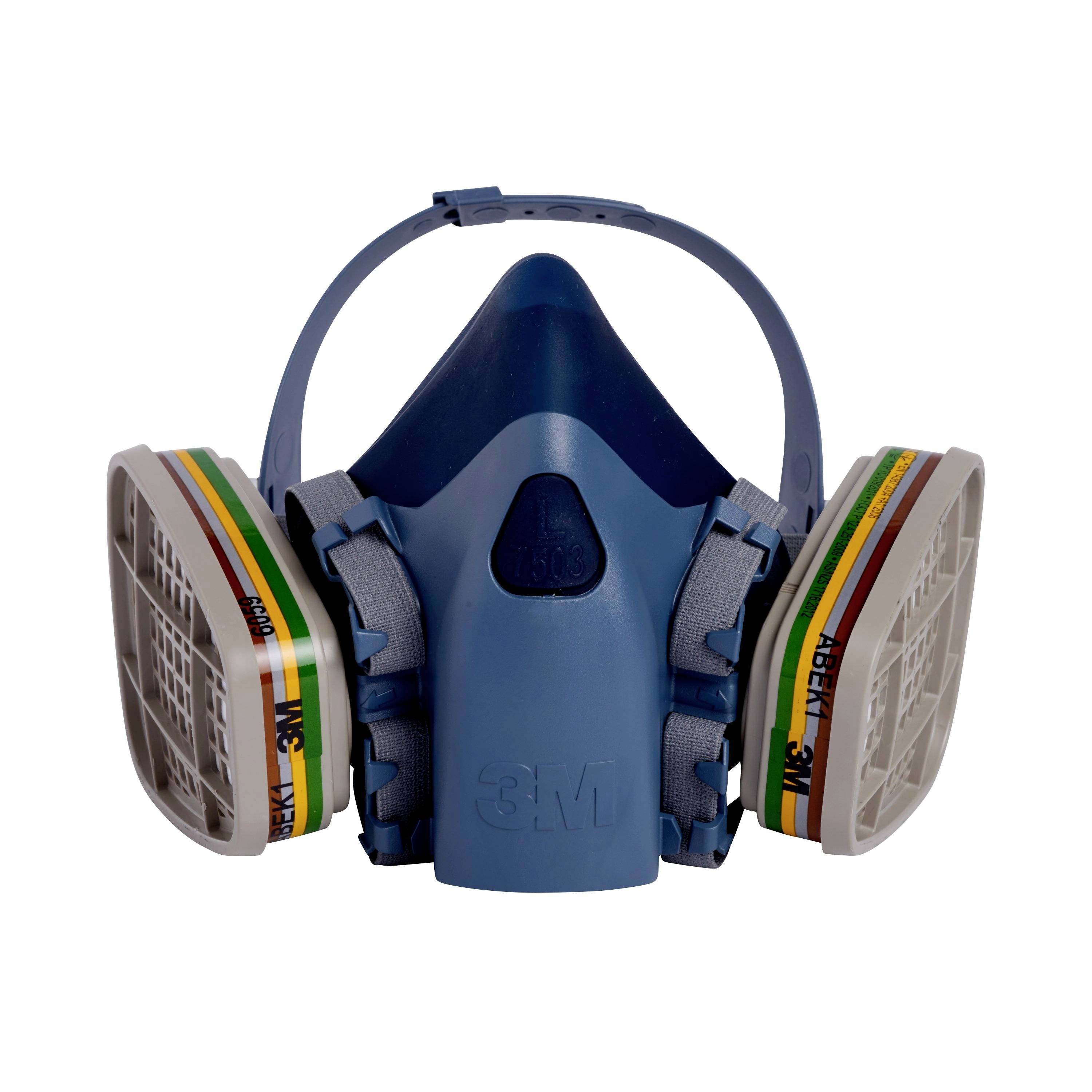 Maska za zaščito dihal znamke 3M, sive in modre barve, z dvema stranskima filtroma. Uporablja se za čiščenje zraka in zaščito pred škodljivimi snovmi.