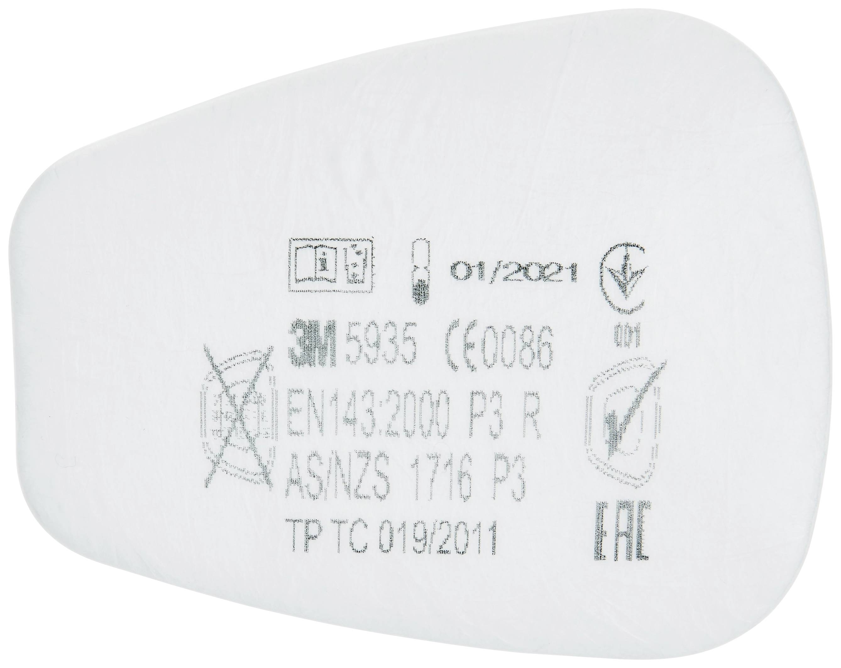 Filter za zaščito dihal z napisi: '3M 5935', 'EN143:2000 P3 R', 'AS/NZS 1716 P3'. Preizkušen s simboli in certifikati, podatki proizvajalca '1/2021'.