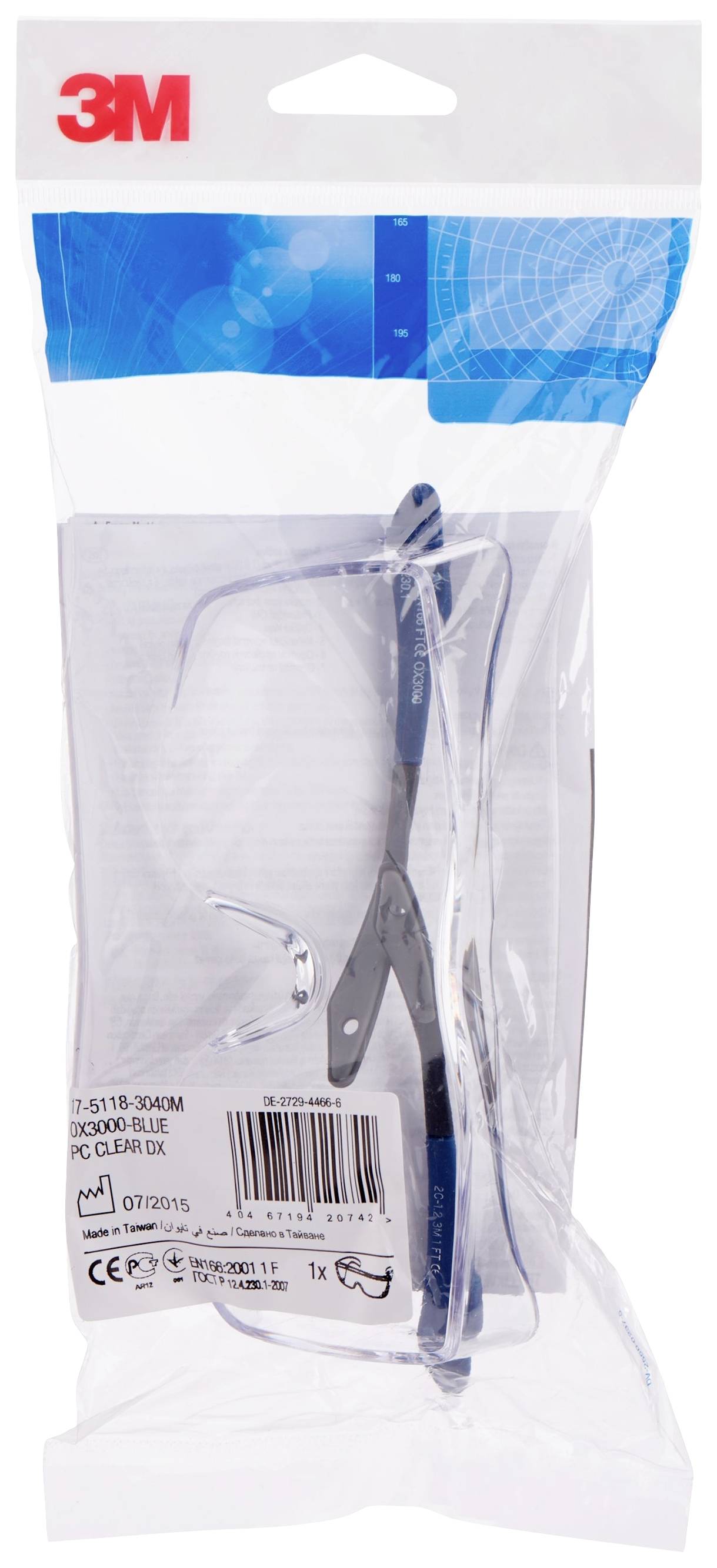 Embalaža zaščitnih očal znamke 3M. Embalaža je prozorna in omogoča pogled na očala v notranjosti.