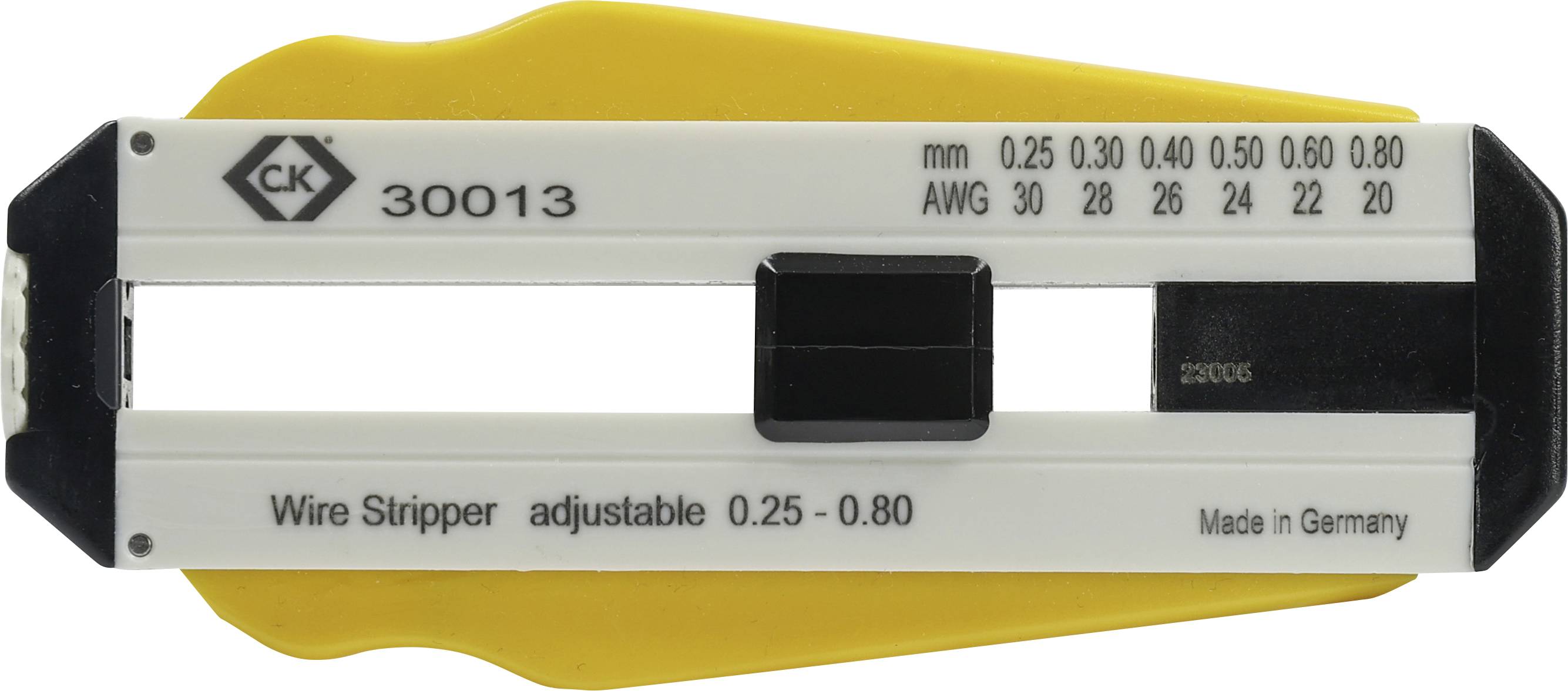 'Klešče za odstranjevanje izolacije CK 30013, nastavljive za 0,25-0,80 mm, primerne za AWG 30-20, izdelane v Nemčiji.'
