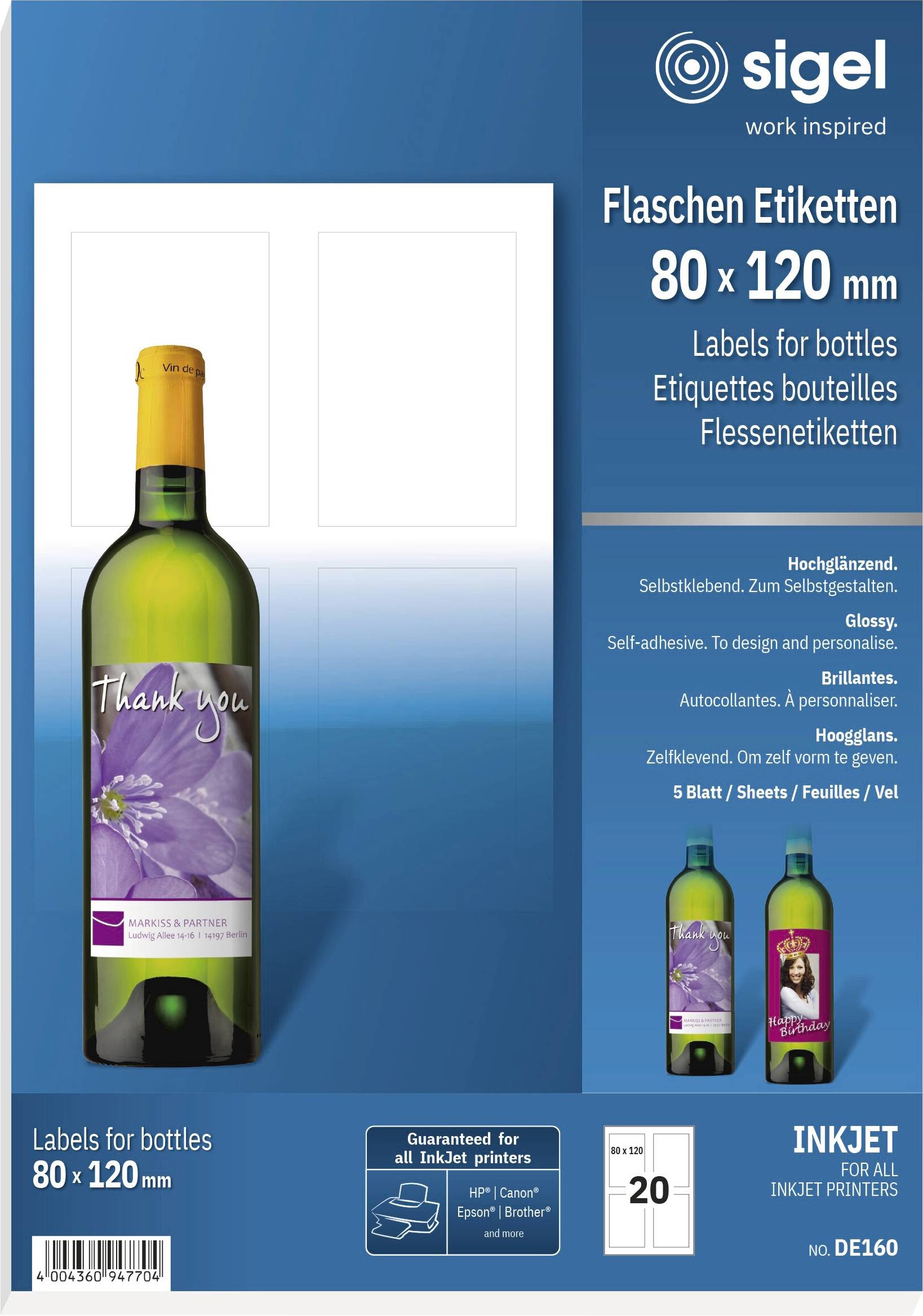 Oblikovanje embalaže za Sigel etikete steklenic, ki prikazuje 80 x 120 mm sijajne tintne etikete s primerno sliko vinske steklenice in večjezičnimi podrobnostmi o izdelku.