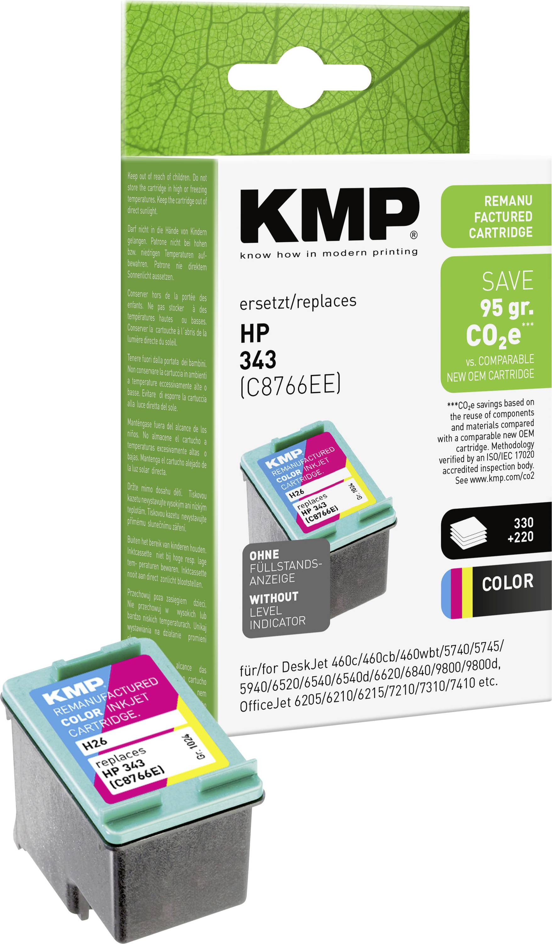 KMP ponovno proizvedena barvna tinta za HP 343, prikazana s pakiranjem in kartuško, označena z "prihrani 95 g CO2" in "barva"