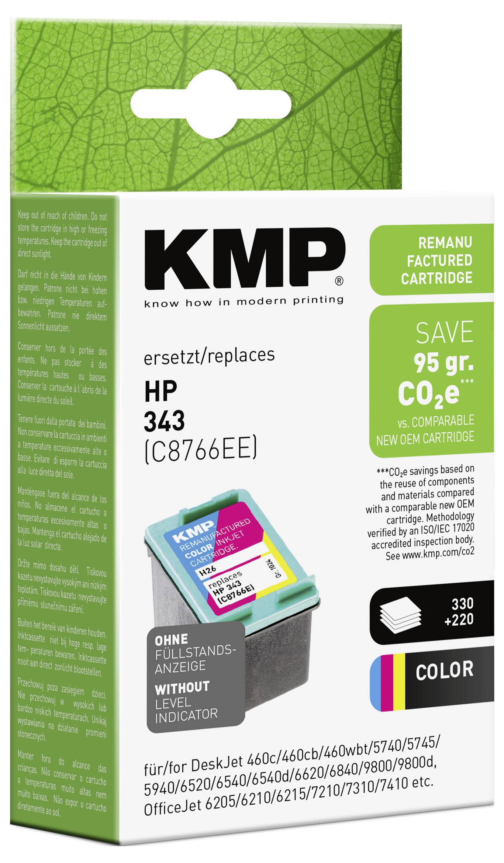 Premanufacturirano ansamblo kartuše črnila KMP za HP 343 (C8766EE), ki prikazuje »prihranite 95 gr. CO2« in kompatibilne modele tiskalnikov.