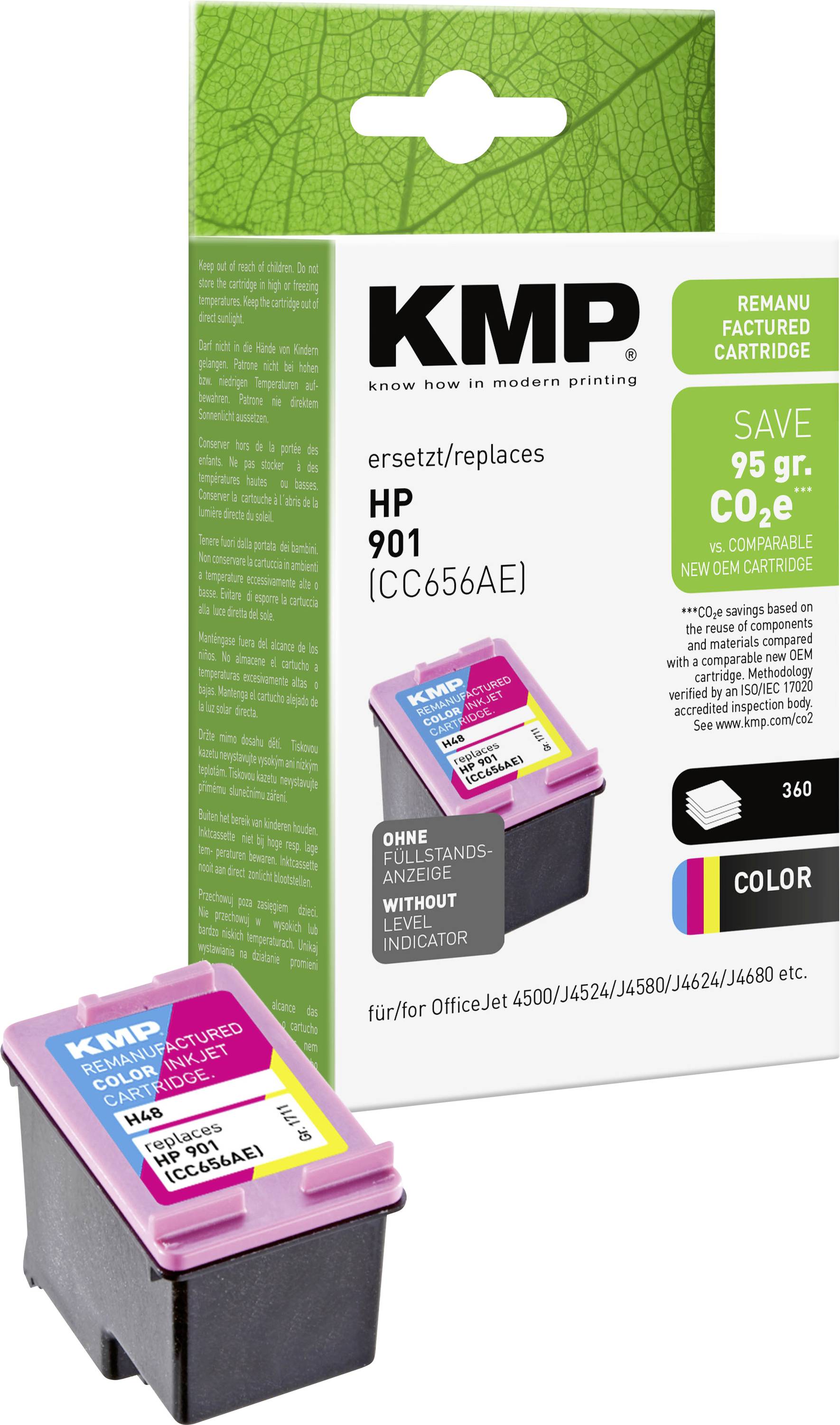KMP ponovno proizvedna barvna tiskalna kartuša za tiskalnike HP 901, prikazana s svojimi embalaži in samo kartuško.