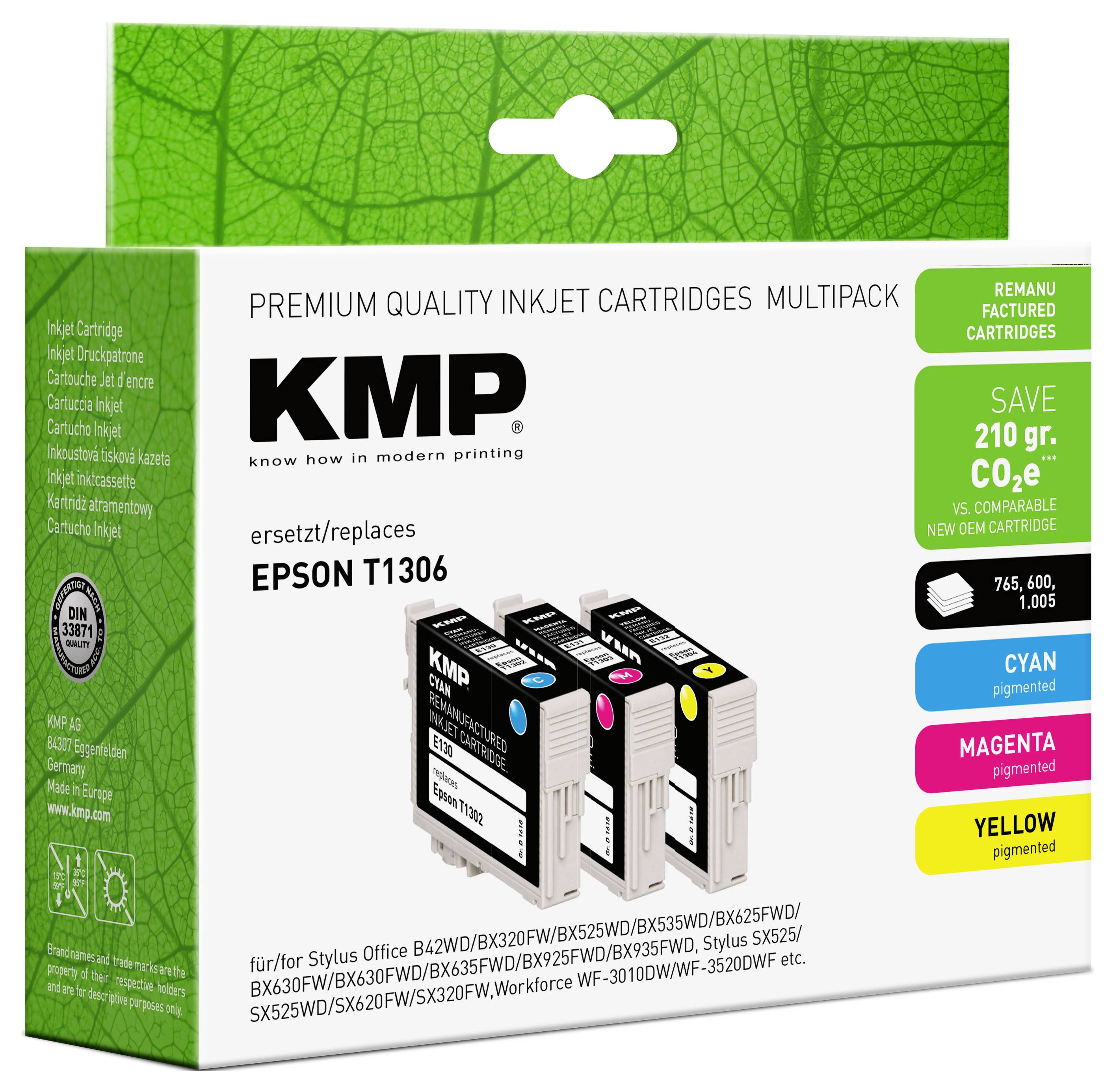 Večdelni paket premium kmp kartuš za Epsonov tiskalnik T1306, ki prikazuje nadomestne kartuše v cianovi, magenti in rumeni barvi z oznako »prihranite 210 gr.«