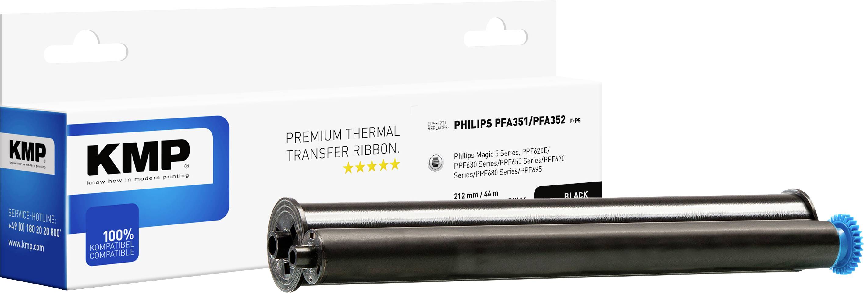 Paket KMP premium termičnega prenosnega traku s črno kartuško tiskalnega traku prikazan v ospredju na beli podlagi.