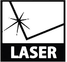 Simbol z stiliziranim laserskim žarkom, ki kaže v kot. Pod simbolom besedilo 'LASER'. Opozarja pred laserskim sevanjem.