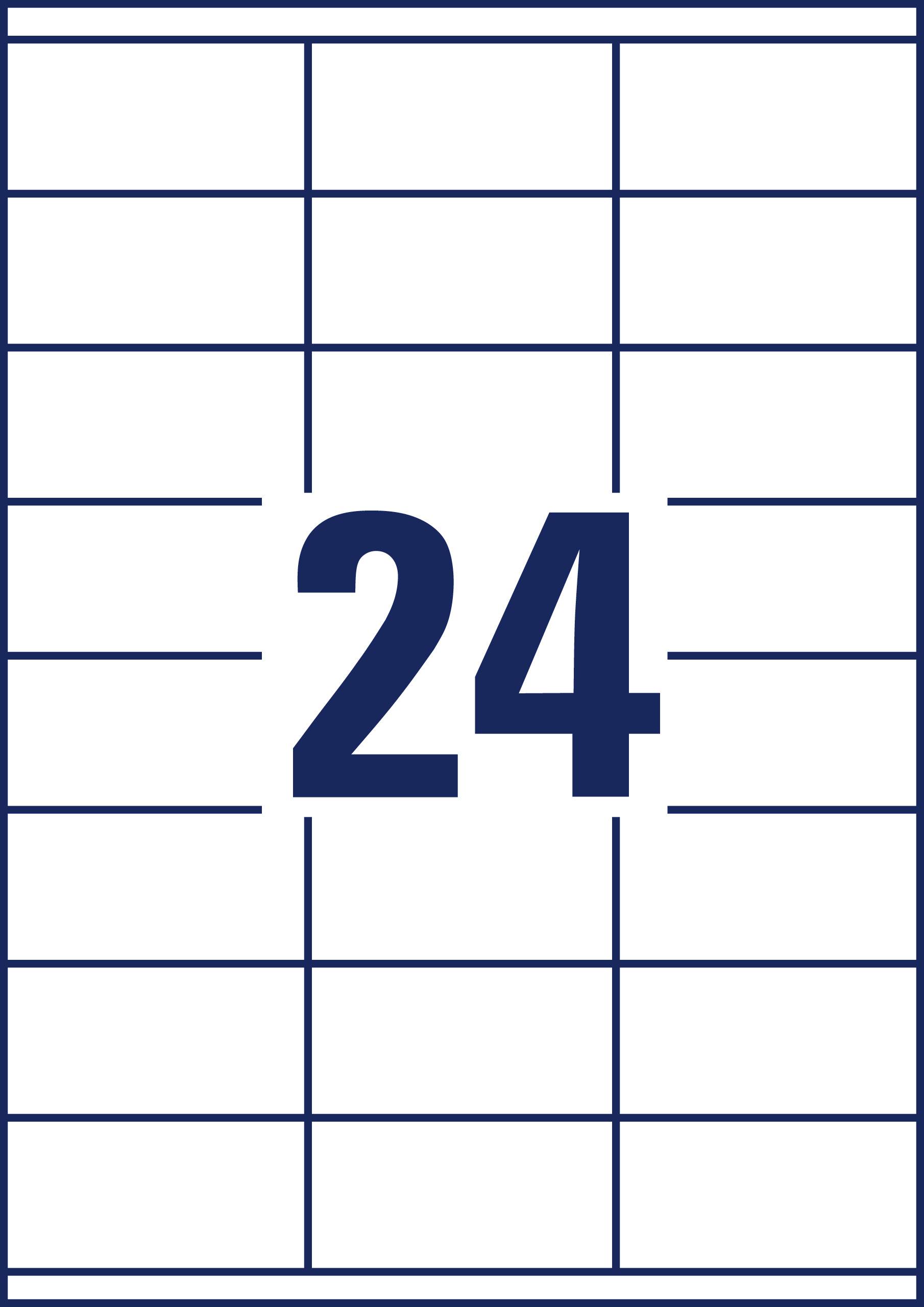'24' v veliki, temnomodri pisavi, pred belim ozadjem s tankimi, temnomodrimi linijami, ki sliko razdelijo na pravokotna polja.