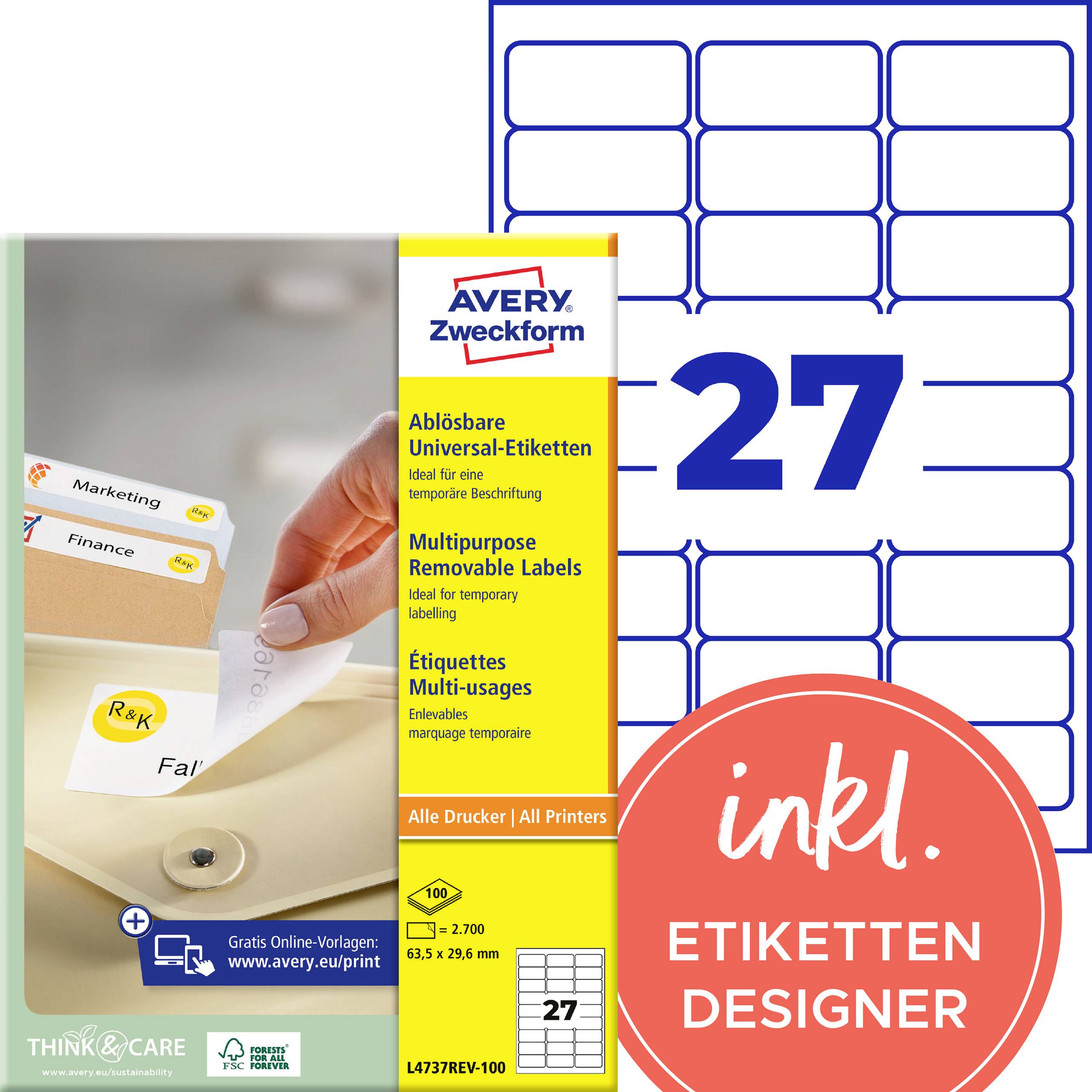 Paket za Avery Zweckform odstranjive univerzalne nalepke, velikosti 63,5 x 29,6 mm, 27 nalepk na list, z vključenim oblikovalcem nalepk.