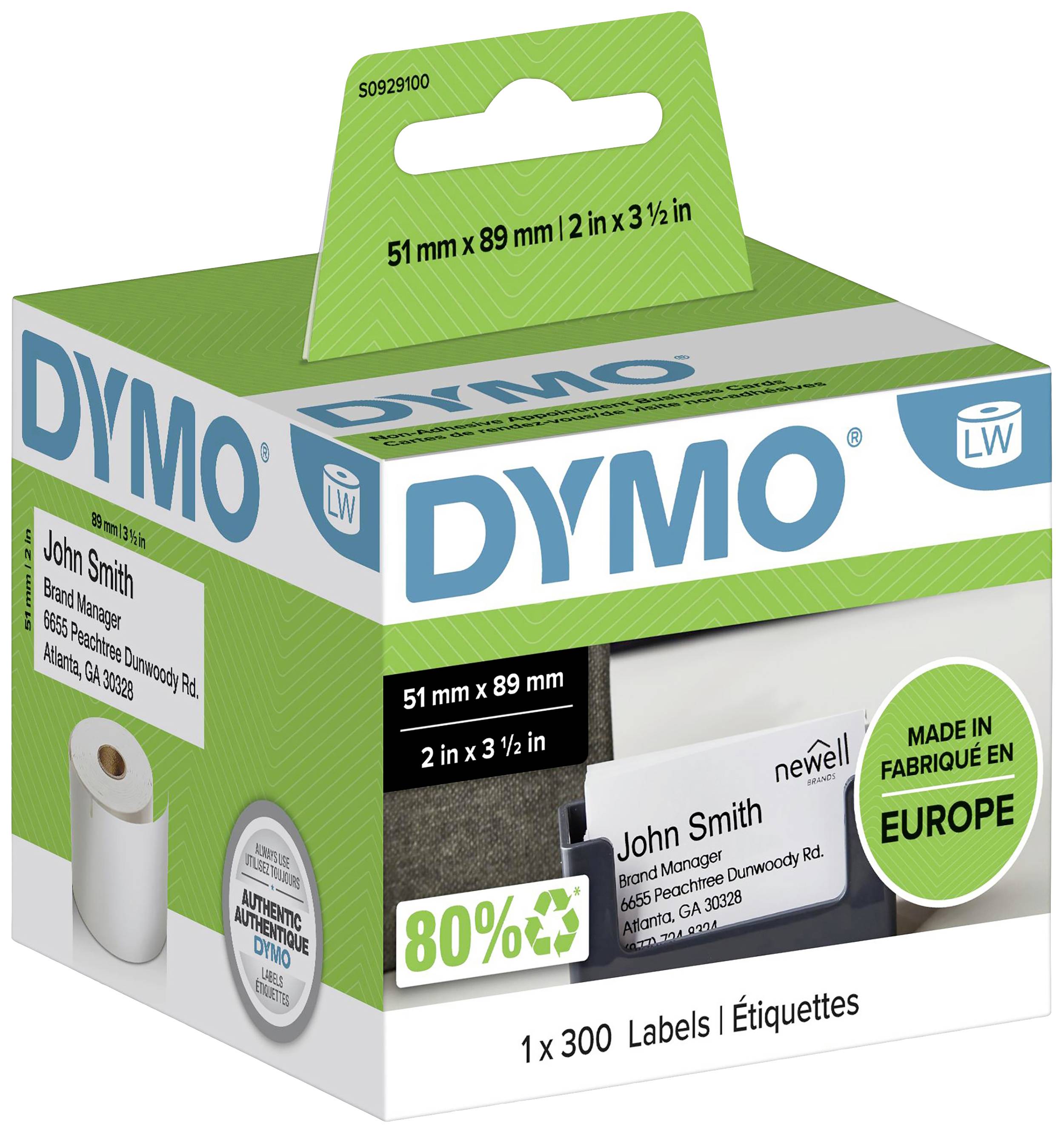 DYMO škatla nalepk. Vsebuje 300 nalepk, velikosti 51 mm x 89 mm. Izdelek je 80 % narejen iz recikliranih materialov in proizveden v Evropi.