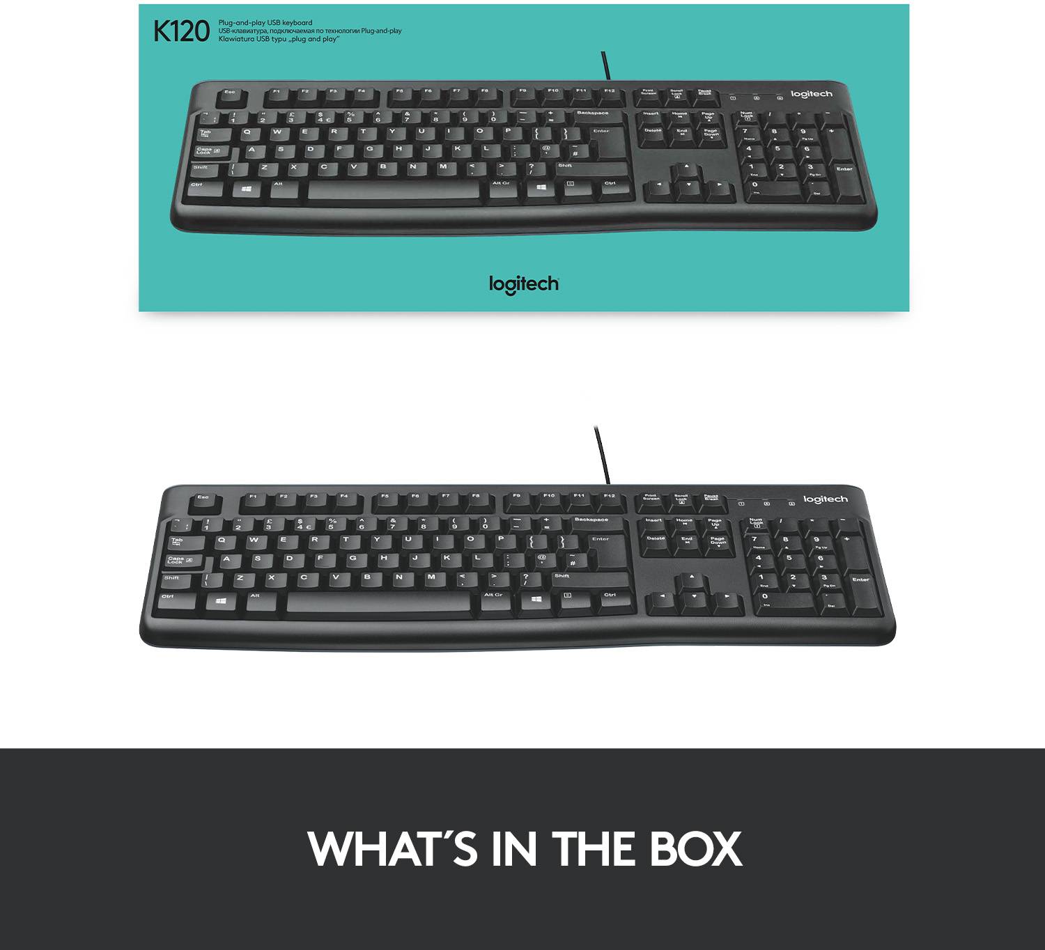 'Logitech K120 tipkovnica, žična, črna, nemška QWERTZ razporeditev, prikazana od zgoraj z priključkom za kabel.'