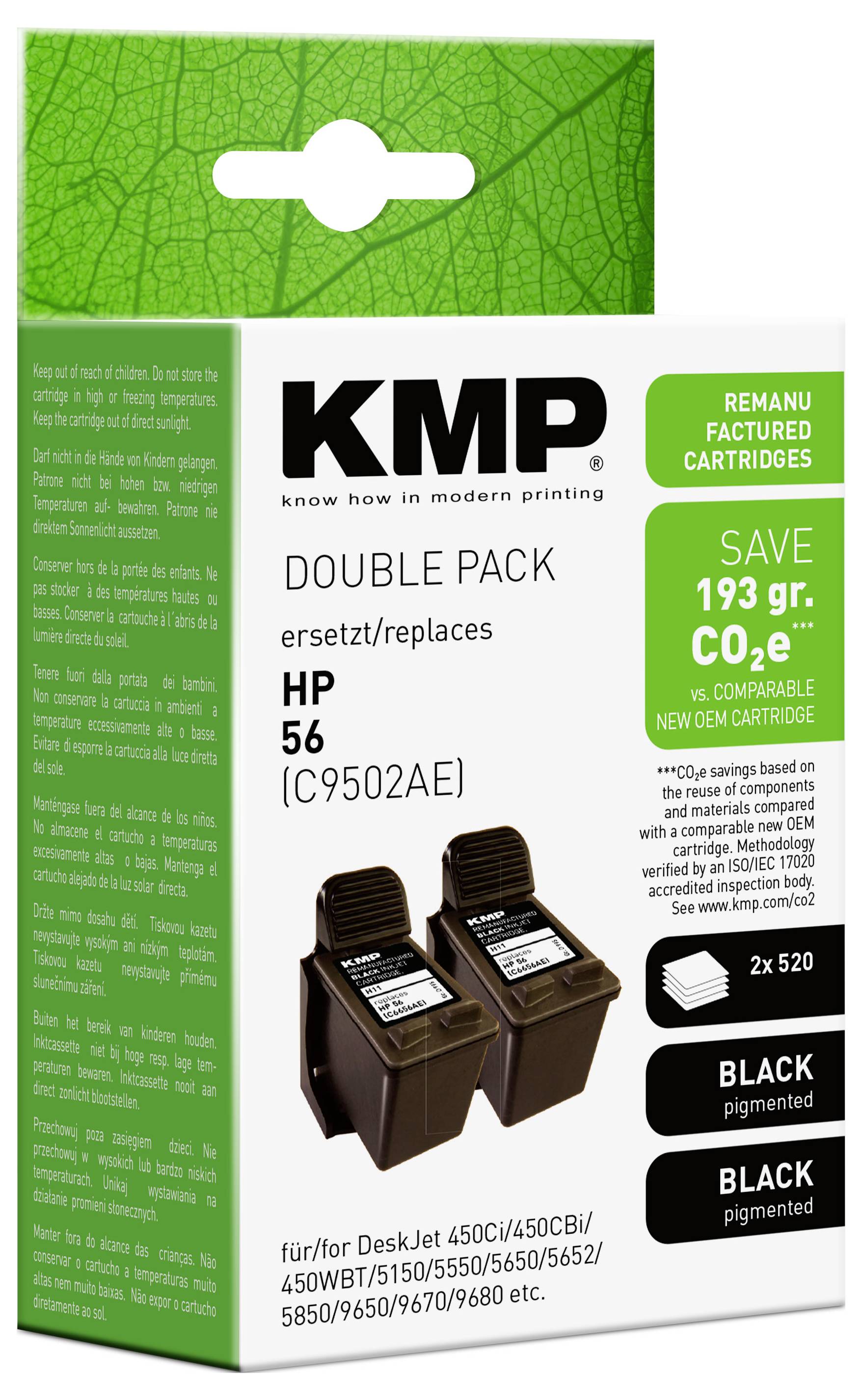 KMP dvojni paket črnega pigmentnega črnila kartuše za HP 56/C9502AE, z 'prihranite 193 g CO2' in seznamom skladnosti.