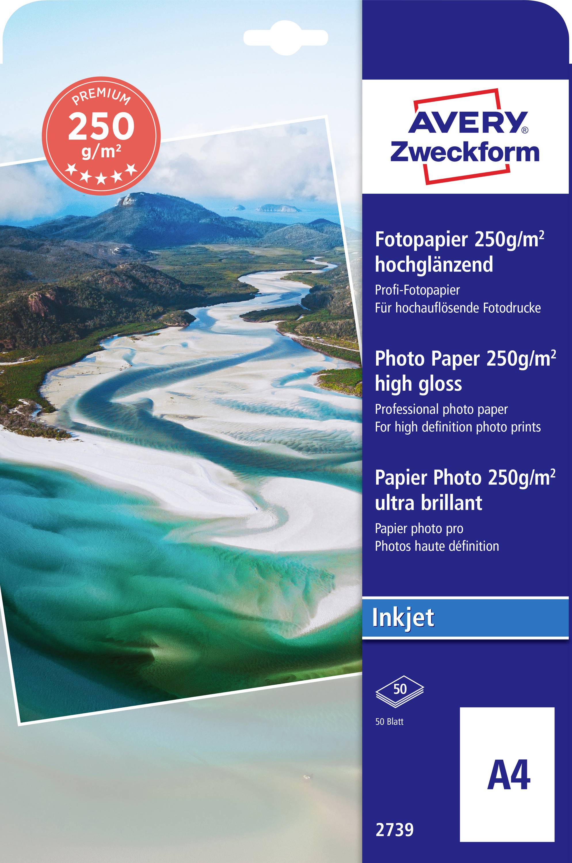 Embalaža fotosijajnega fotografskega papirja znamke Avery Zweckform, 250 g/m², format A4, 50 listov, za tiskalnik inkjet.
